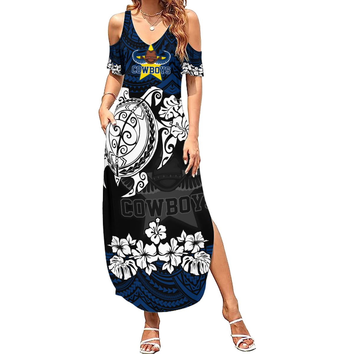 custom-cowboys-rugby-family-matching-summer-maxi-dress-and-hawaiian-shirt-hibiscus-and-turtle-with-polynesian-pattern