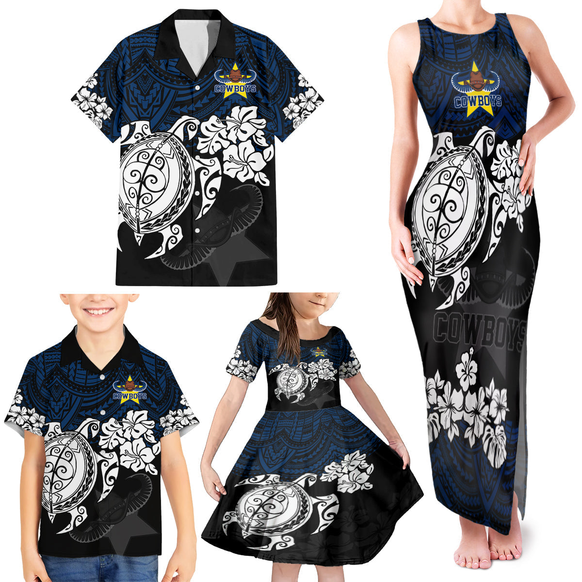 custom-cowboys-rugby-family-matching-tank-maxi-dress-and-hawaiian-shirt-hibiscus-and-turtle-with-polynesian-pattern