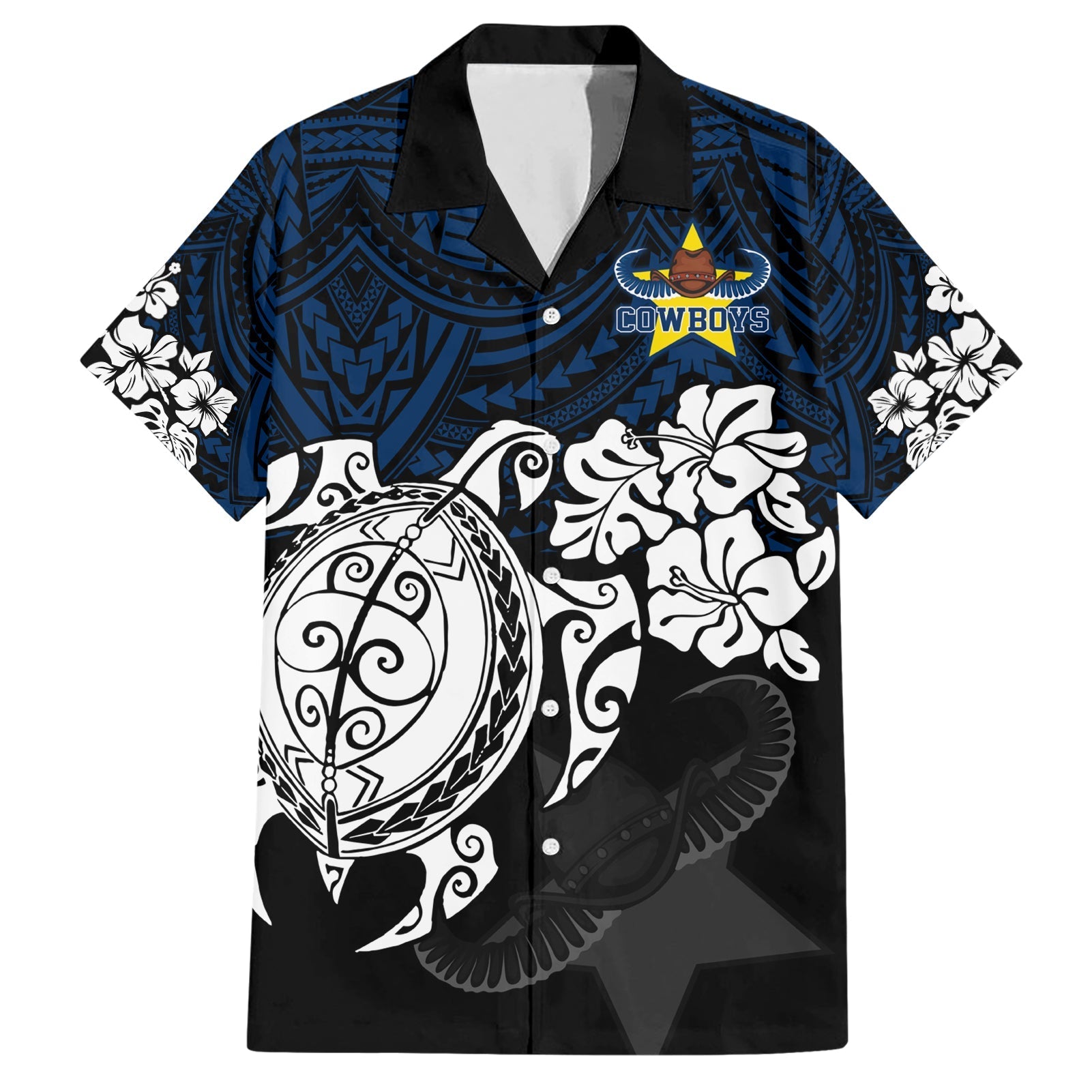 Custom Cowboys Rugby Hawaiian Shirt Hibiscus and Turtle With Polynesian Pattern - Vibe Hoodie Shop