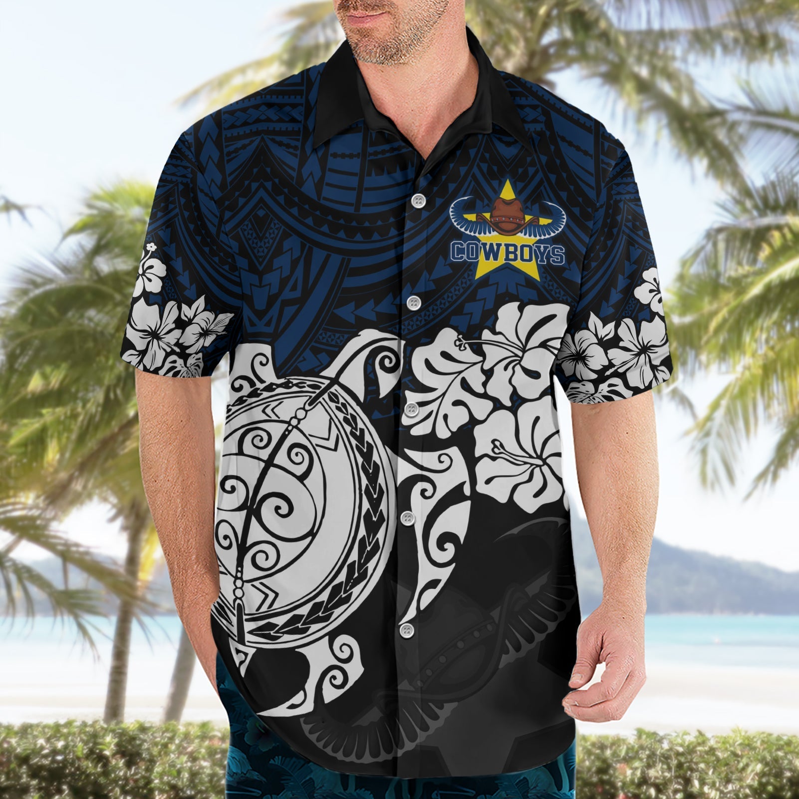 Custom Cowboys Rugby Hawaiian Shirt Hibiscus and Turtle With Polynesian Pattern - Vibe Hoodie Shop