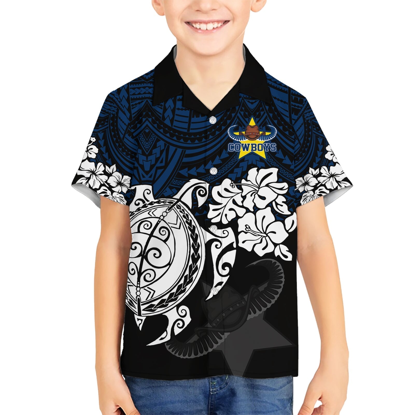 Custom Cowboys Rugby Hawaiian Shirt Hibiscus and Turtle With Polynesian Pattern - Vibe Hoodie Shop