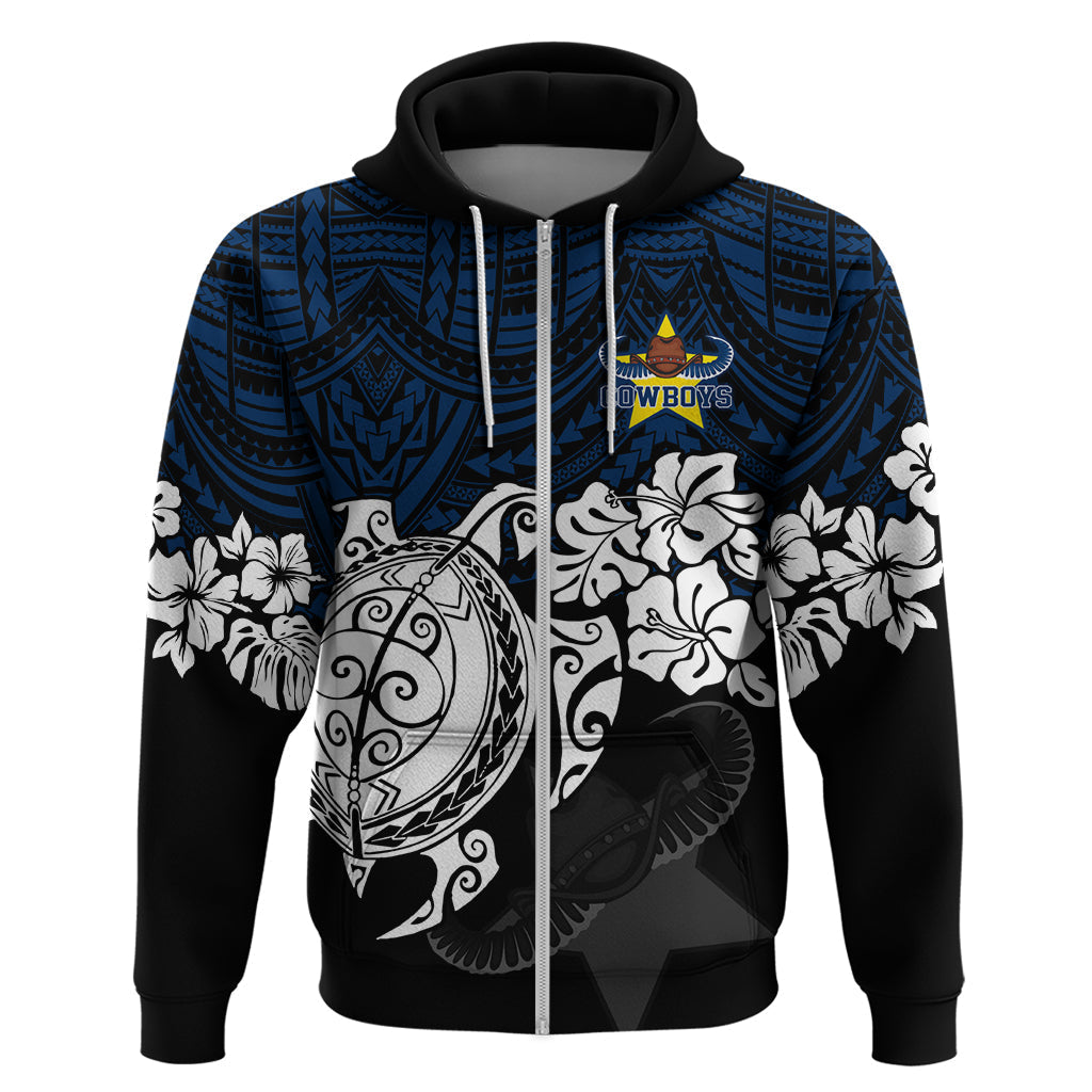 Custom Cowboys Rugby Hoodie Hibiscus and Turtle With Polynesian Pattern LT9 - Vibe Hoodie Shop
