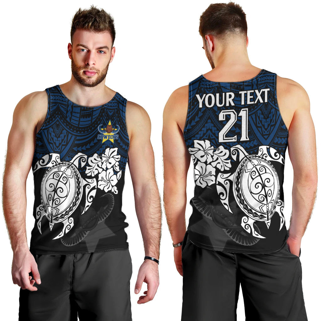 Custom Cowboys Rugby Men Tank Top Hibiscus and Turtle With Polynesian Pattern - Vibe Hoodie Shop