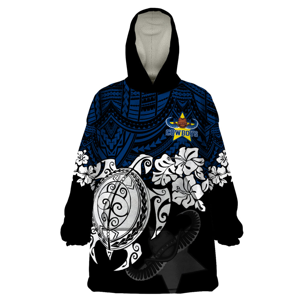 Custom Cowboys Rugby Wearable Blanket Hoodie Hibiscus and Turtle With Polynesian Pattern - Vibe Hoodie Shop