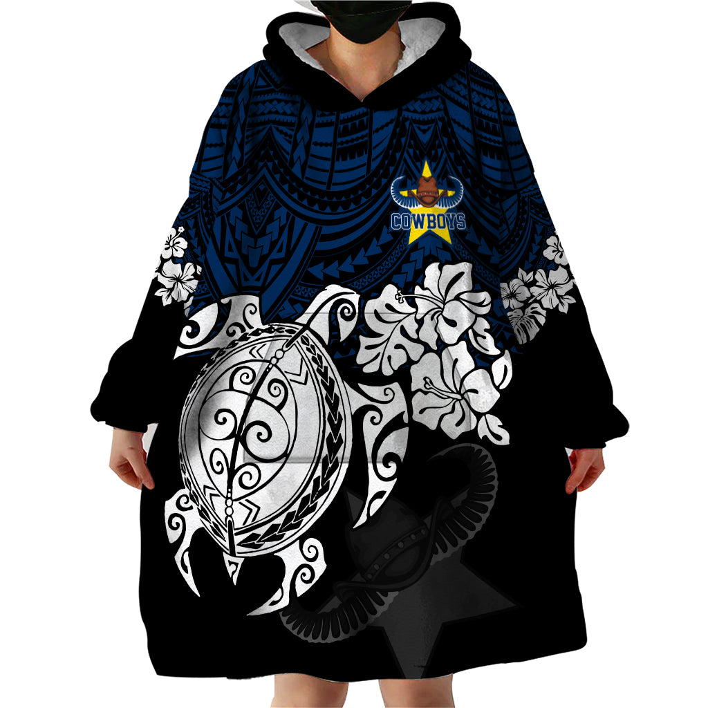 Custom Cowboys Rugby Wearable Blanket Hoodie Hibiscus and Turtle With Polynesian Pattern - Vibe Hoodie Shop