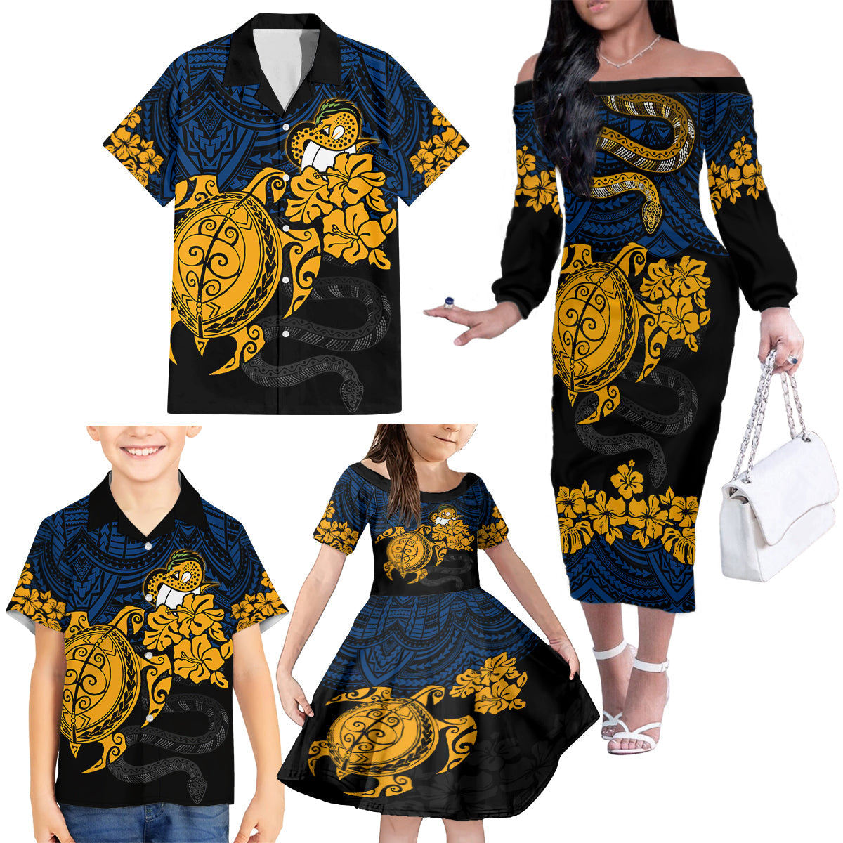 custom-parra-eels-rugby-family-matching-off-shoulder-long-sleeve-dress-and-hawaiian-shirt-hibiscus-and-turtle-with-polynesian-pattern