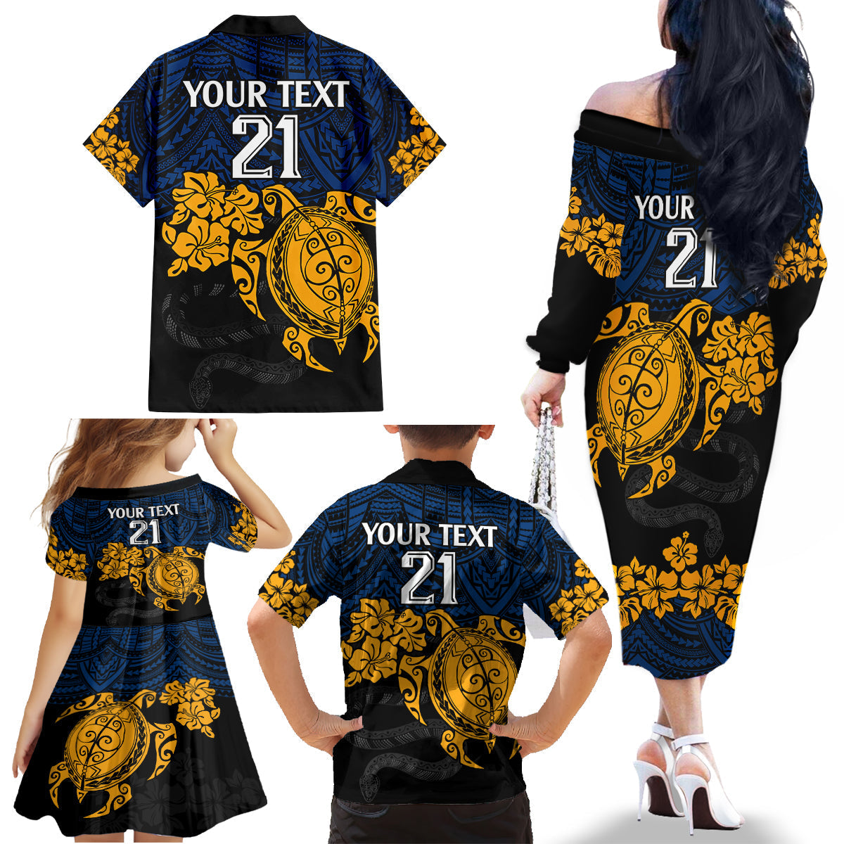 custom-parra-eels-rugby-family-matching-off-shoulder-long-sleeve-dress-and-hawaiian-shirt-hibiscus-and-turtle-with-polynesian-pattern