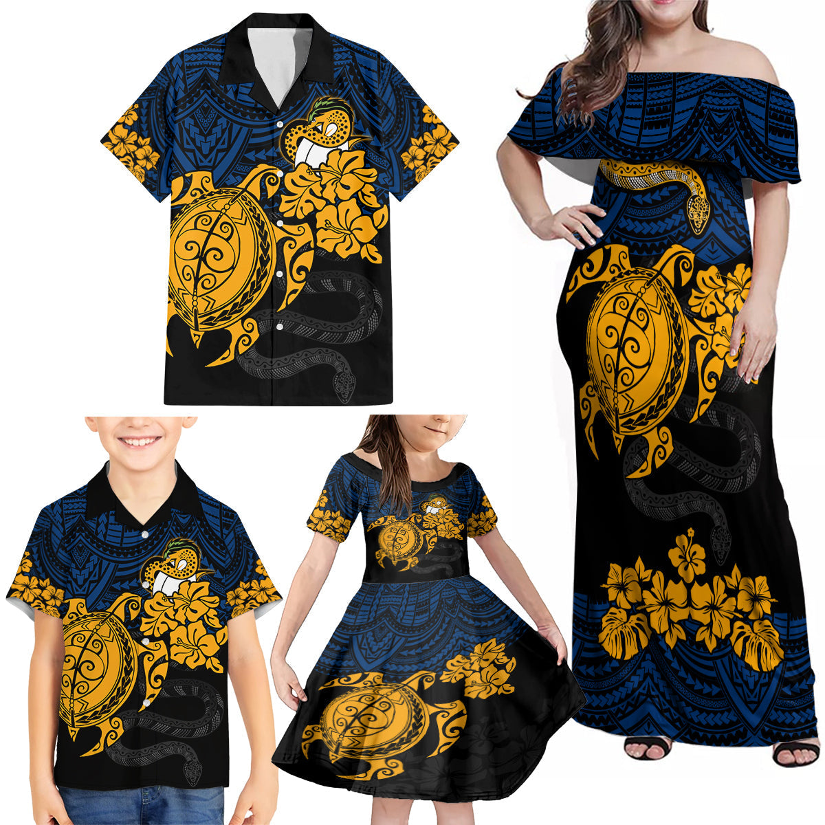 custom-parra-eels-rugby-family-matching-off-shoulder-maxi-dress-and-hawaiian-shirt-hibiscus-and-turtle-with-polynesian-pattern