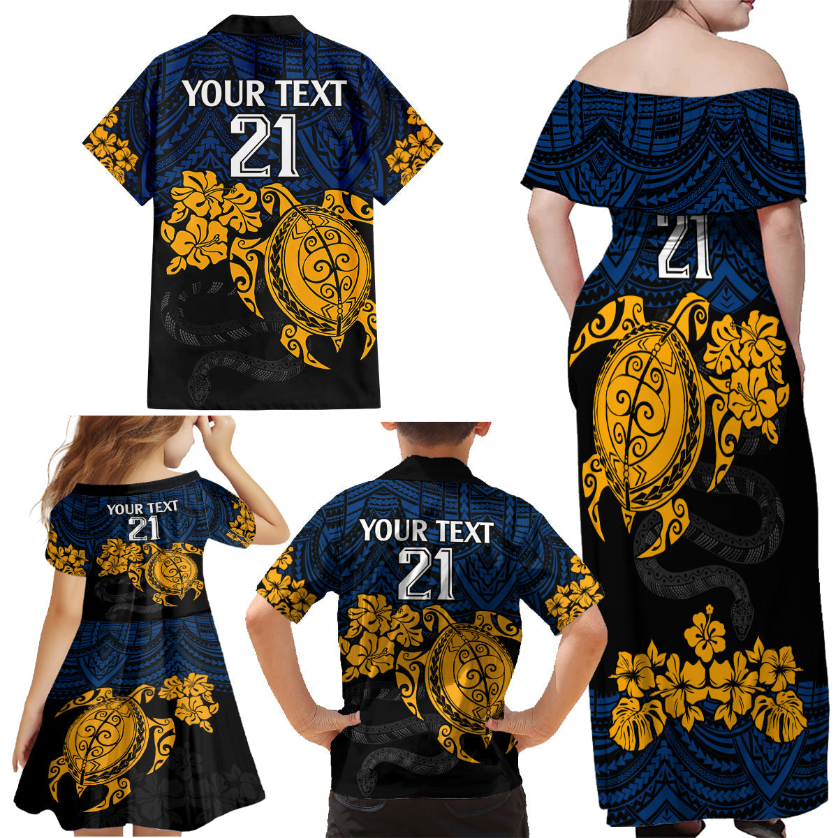 custom-parra-eels-rugby-family-matching-off-shoulder-maxi-dress-and-hawaiian-shirt-hibiscus-and-turtle-with-polynesian-pattern