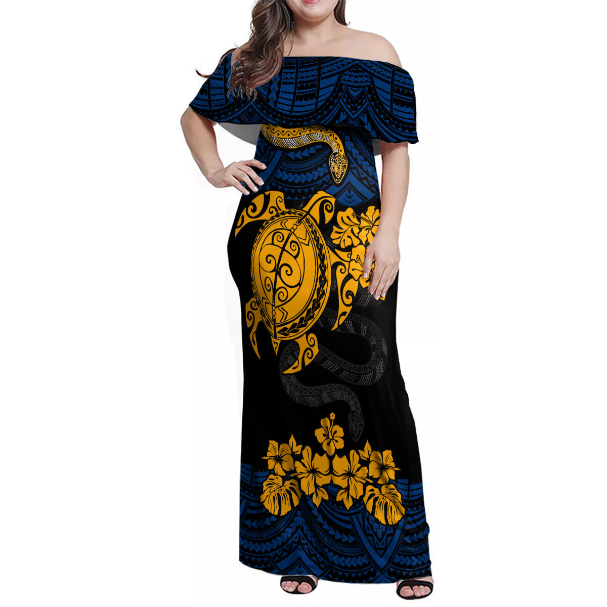 custom-parra-eels-rugby-family-matching-off-shoulder-maxi-dress-and-hawaiian-shirt-hibiscus-and-turtle-with-polynesian-pattern