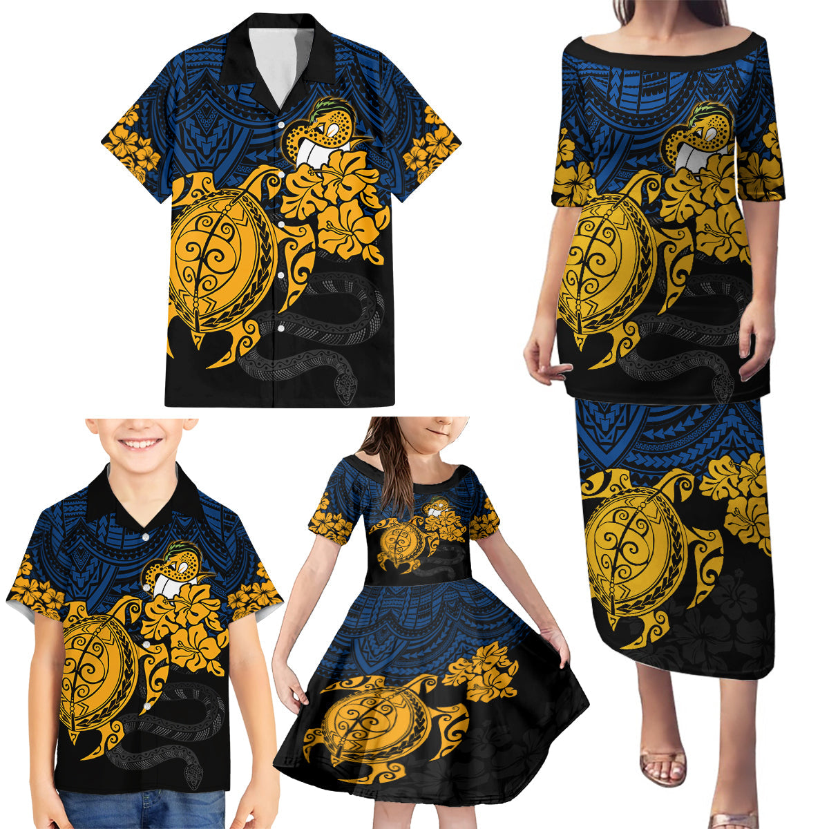 custom-parra-eels-rugby-family-matching-puletasi-dress-and-hawaiian-shirt-hibiscus-and-turtle-with-polynesian-pattern
