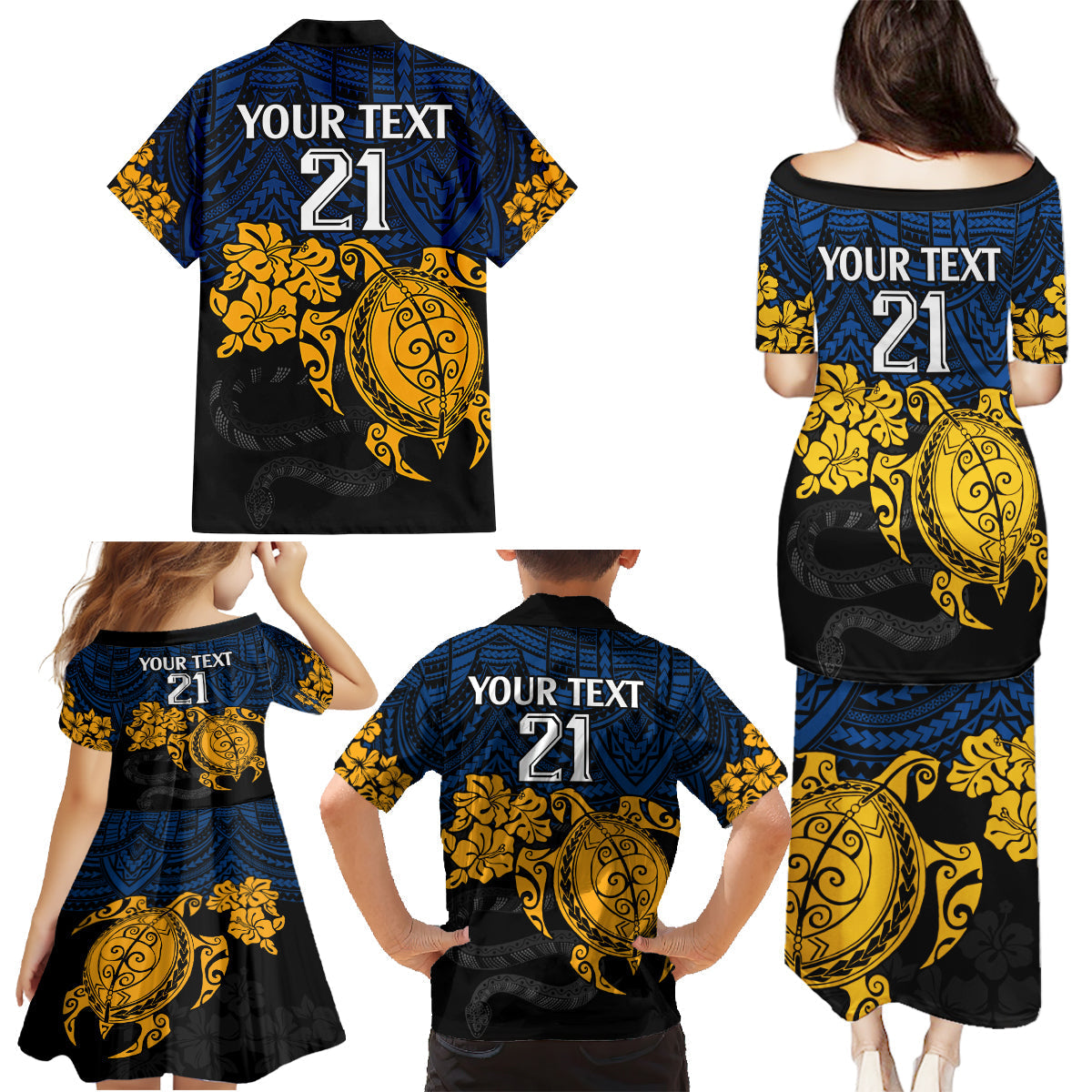 custom-parra-eels-rugby-family-matching-puletasi-dress-and-hawaiian-shirt-hibiscus-and-turtle-with-polynesian-pattern