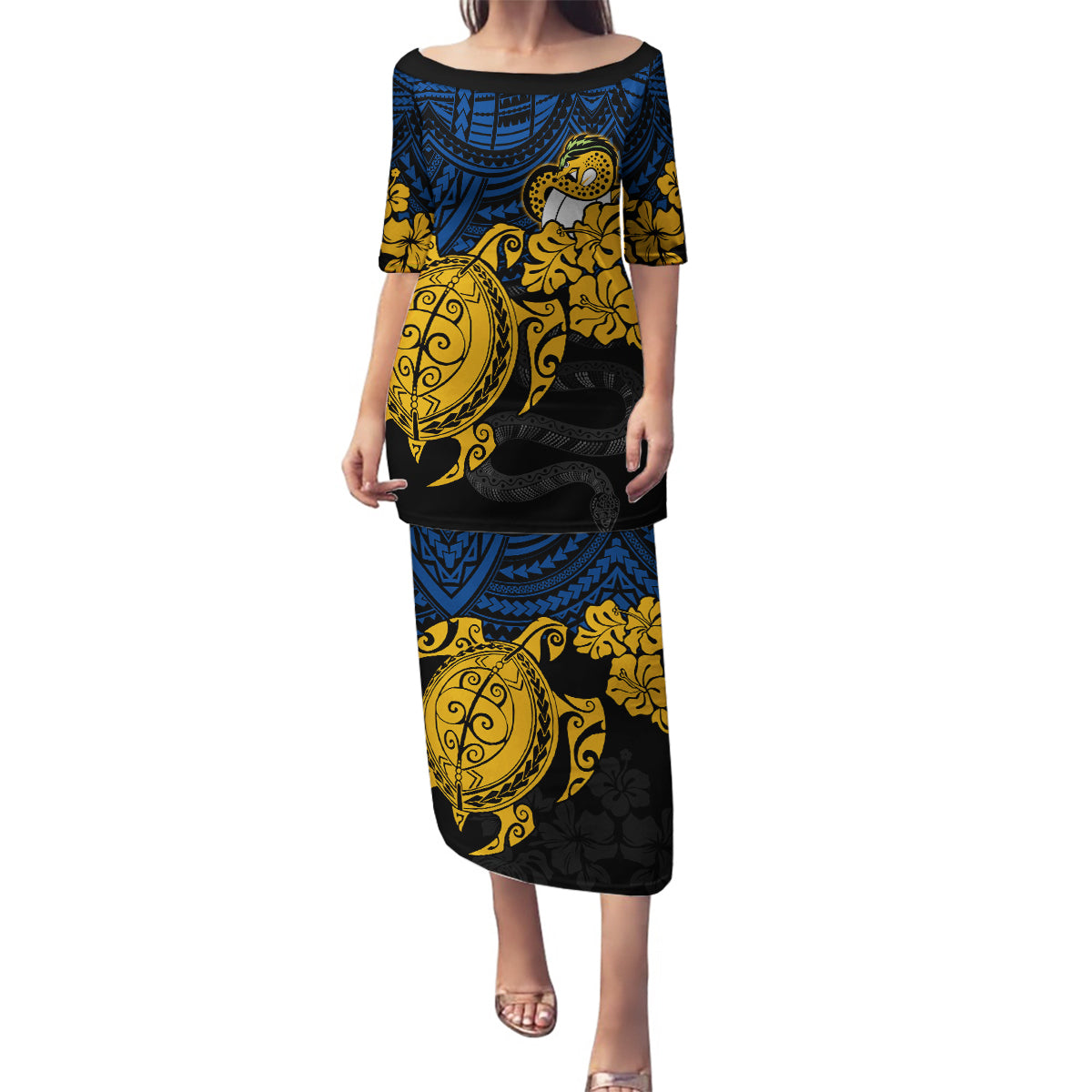 custom-parra-eels-rugby-family-matching-puletasi-dress-and-hawaiian-shirt-hibiscus-and-turtle-with-polynesian-pattern