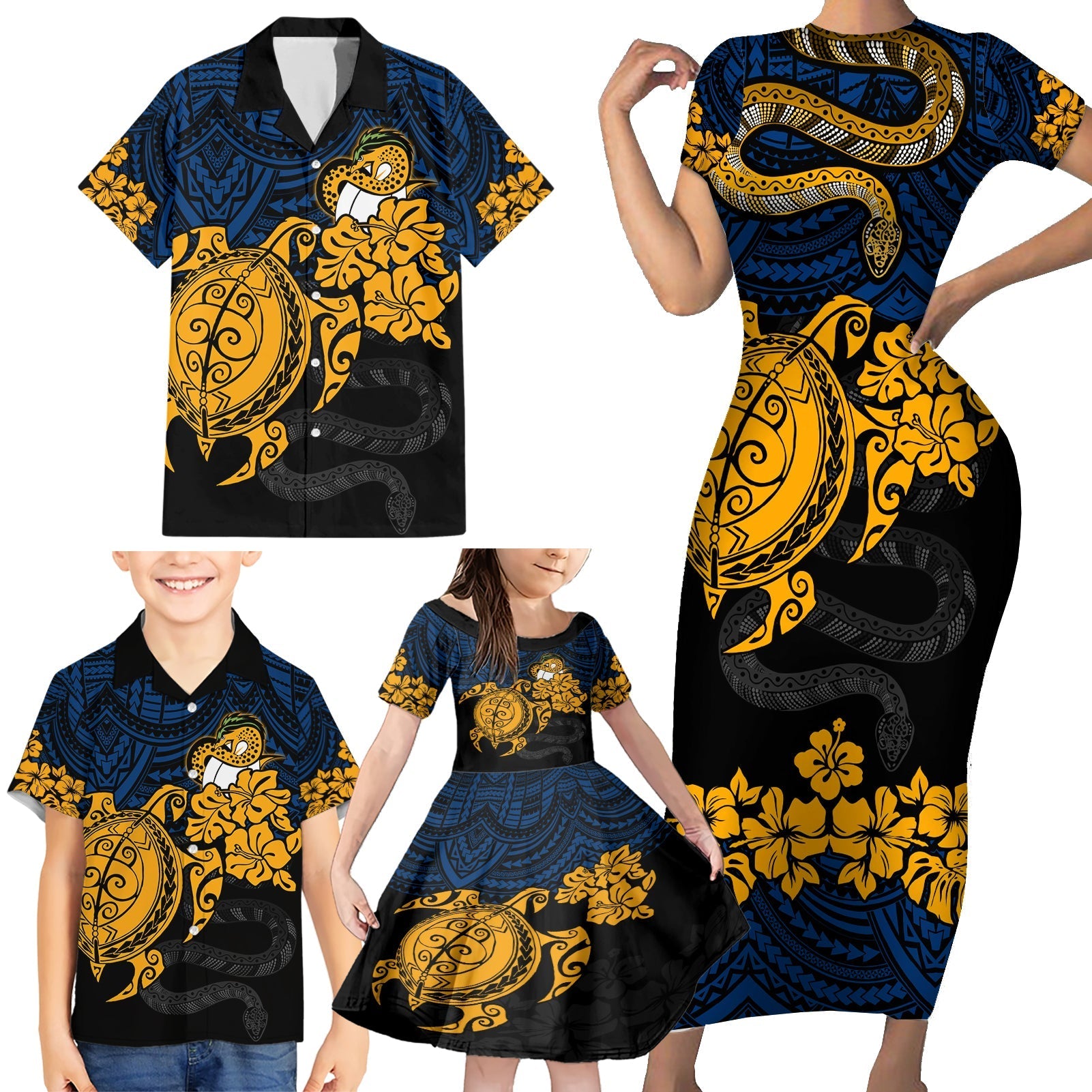 custom-parra-eels-rugby-family-matching-short-sleeve-bodycon-dress-and-hawaiian-shirt-hibiscus-and-turtle-with-polynesian-pattern