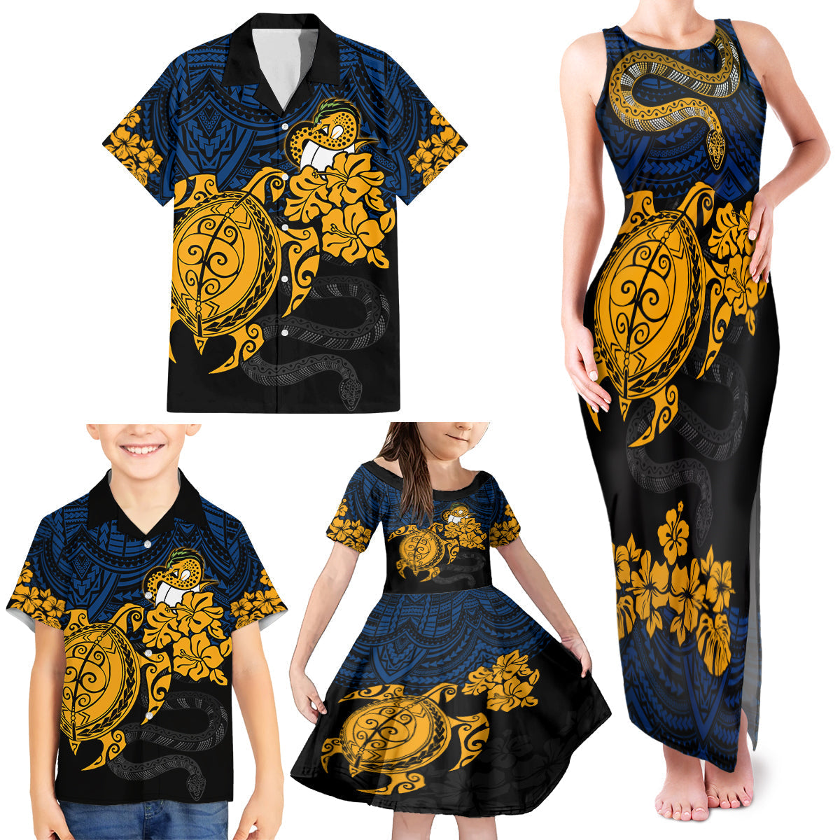 custom-parra-eels-rugby-family-matching-tank-maxi-dress-and-hawaiian-shirt-hibiscus-and-turtle-with-polynesian-pattern