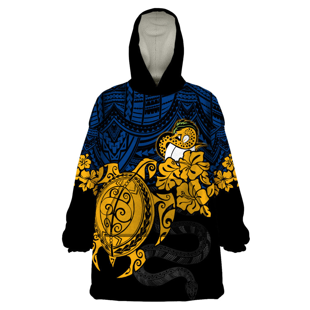 Custom Parra Eels Rugby Wearable Blanket Hoodie Hibiscus and Turtle With Polynesian Pattern - Vibe Hoodie Shop