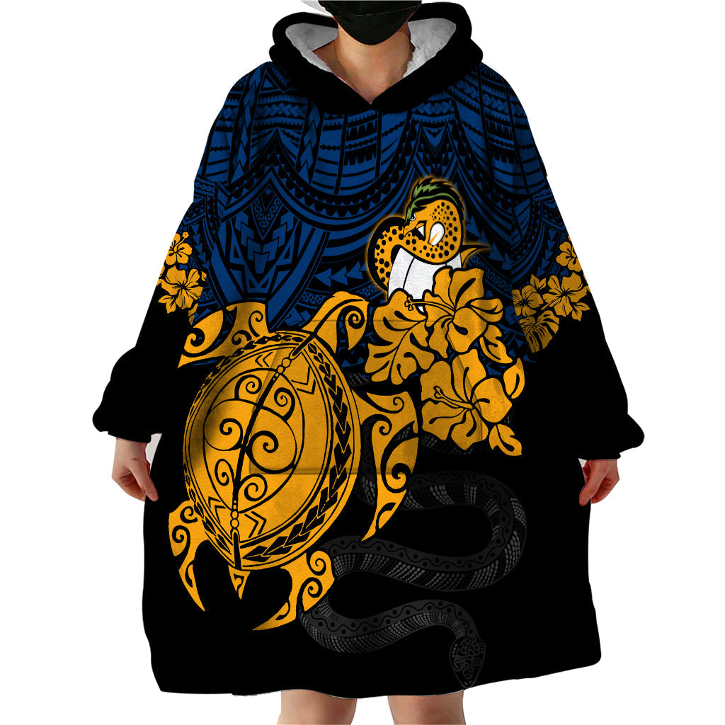 Custom Parra Eels Rugby Wearable Blanket Hoodie Hibiscus and Turtle With Polynesian Pattern - Vibe Hoodie Shop