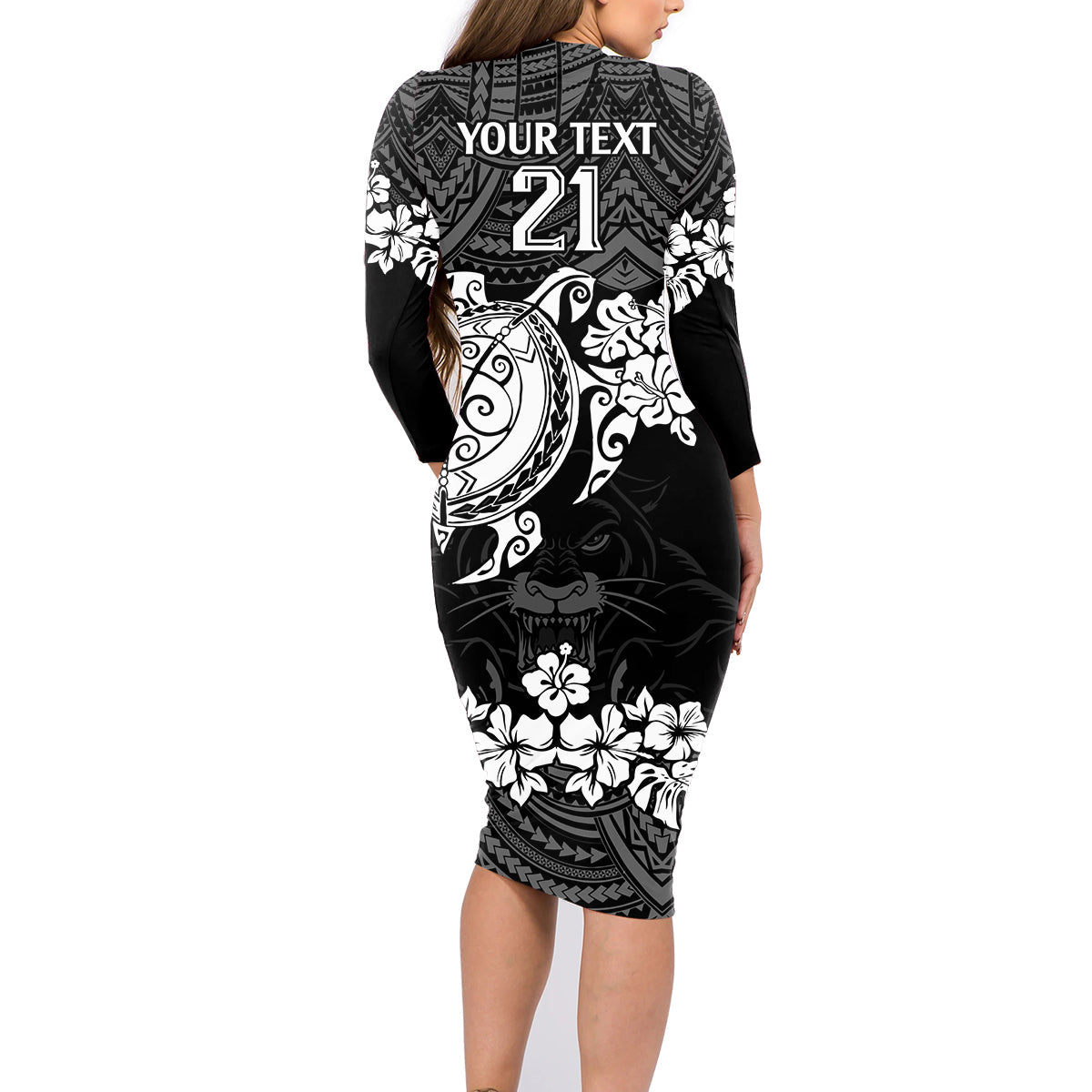 custom-panthers-rugby-family-matching-long-sleeve-bodycon-dress-and-hawaiian-shirt-penrith-hibiscus-and-turtle-with-polynesian-pattern