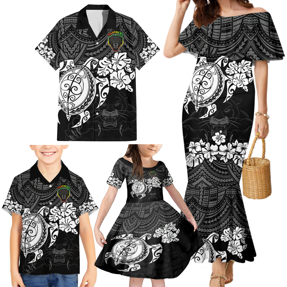 custom-panthers-rugby-family-matching-mermaid-dress-and-hawaiian-shirt-penrith-hibiscus-and-turtle-with-polynesian-pattern