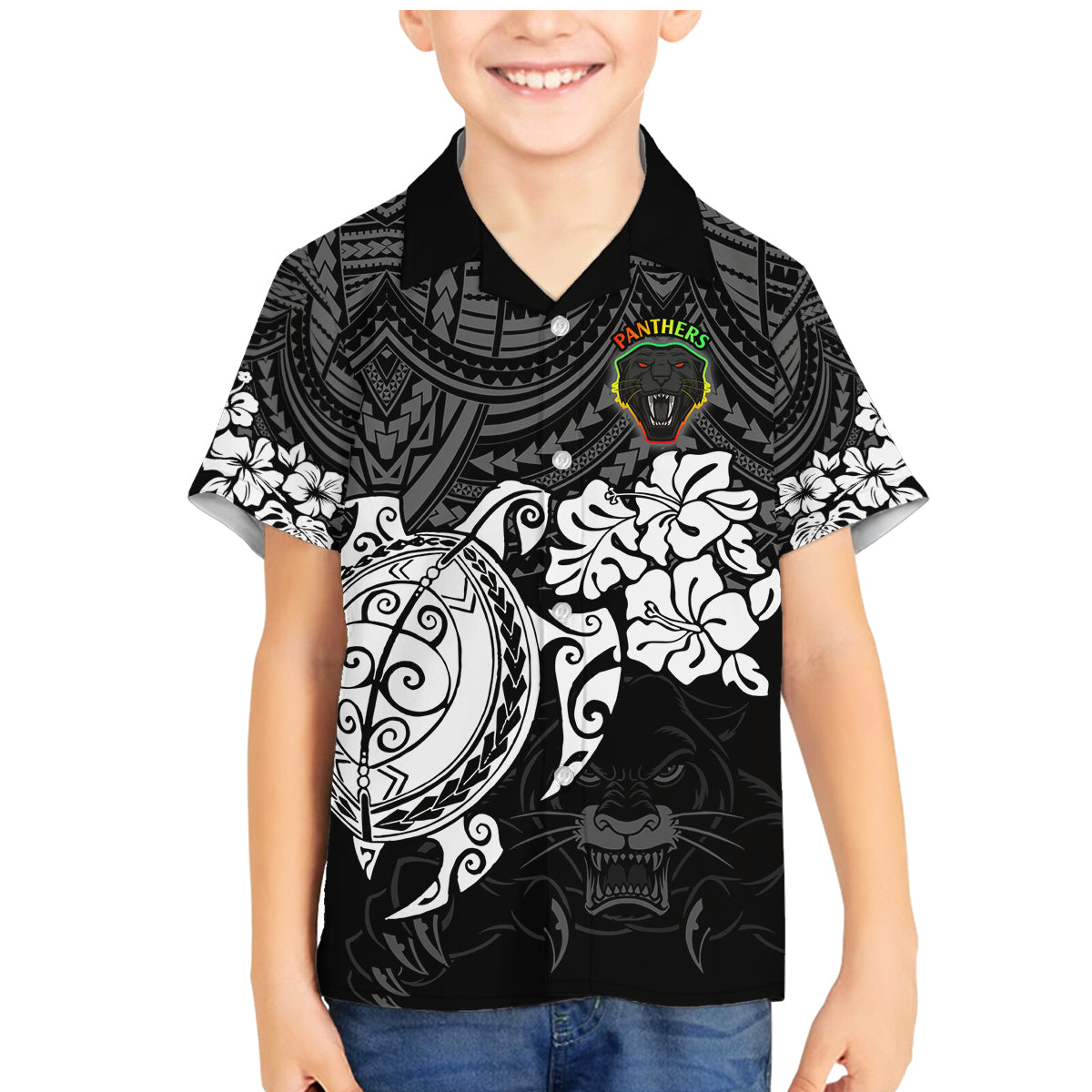 custom-panthers-rugby-family-matching-mermaid-dress-and-hawaiian-shirt-penrith-hibiscus-and-turtle-with-polynesian-pattern
