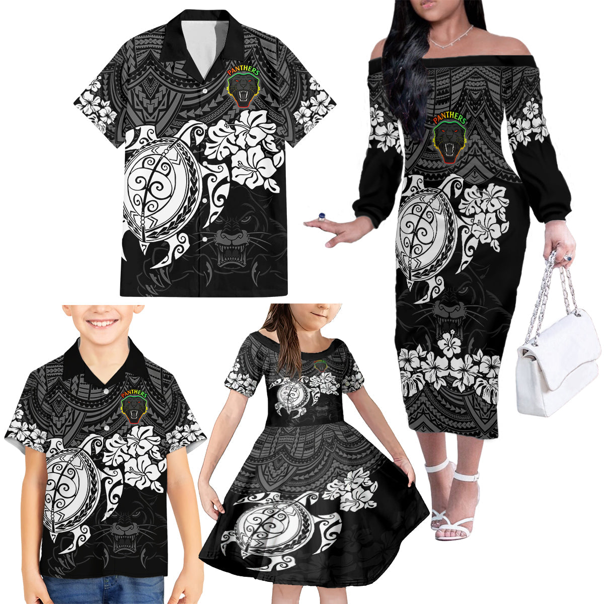 custom-panthers-rugby-family-matching-off-shoulder-long-sleeve-dress-and-hawaiian-shirt-penrith-hibiscus-and-turtle-with-polynesian-pattern
