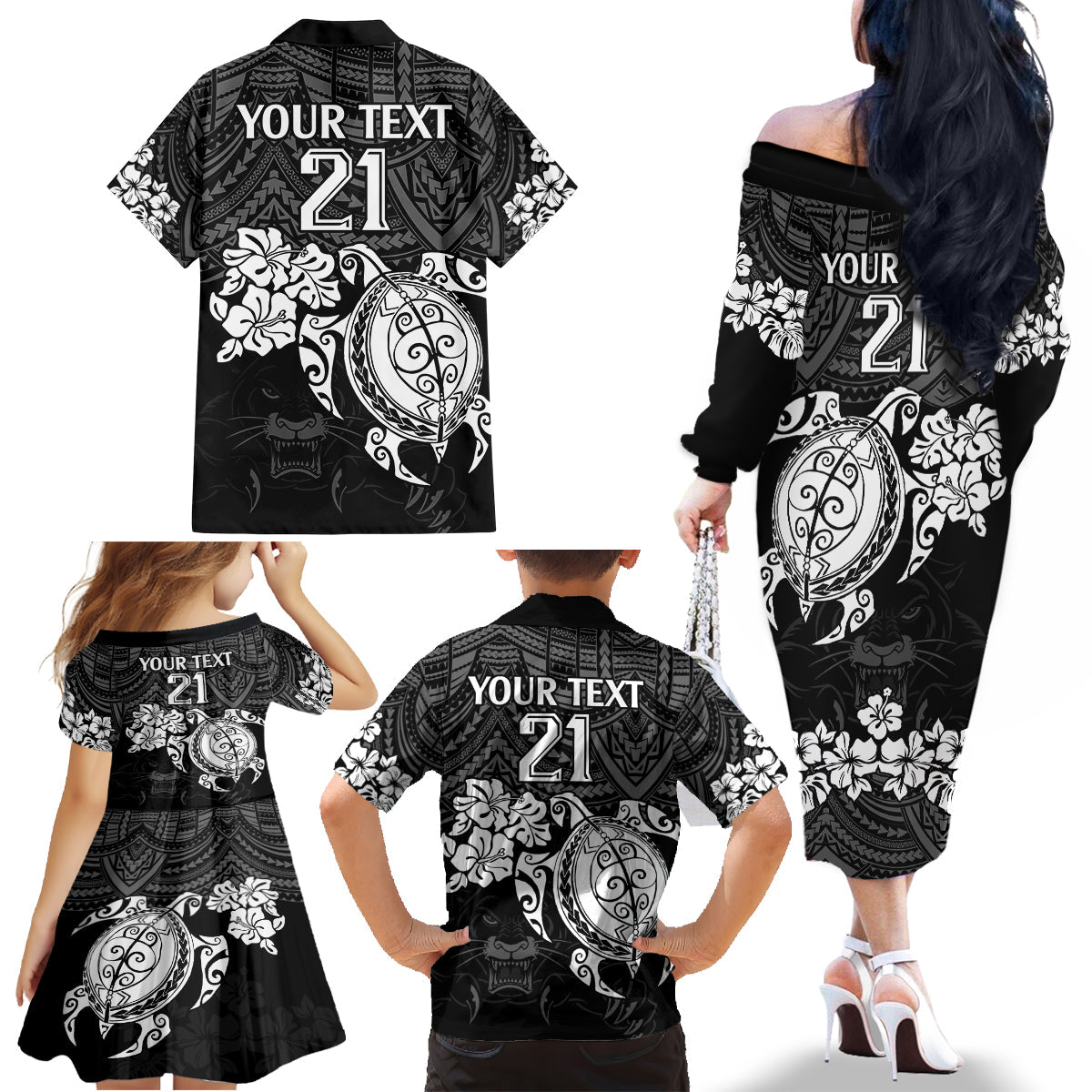 custom-panthers-rugby-family-matching-off-shoulder-long-sleeve-dress-and-hawaiian-shirt-penrith-hibiscus-and-turtle-with-polynesian-pattern
