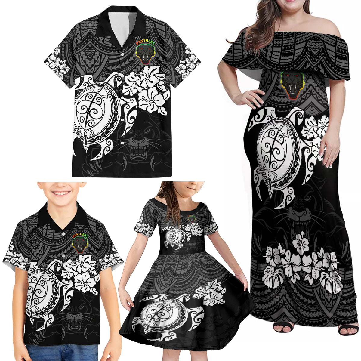 custom-panthers-rugby-family-matching-off-shoulder-maxi-dress-and-hawaiian-shirt-penrith-hibiscus-and-turtle-with-polynesian-pattern