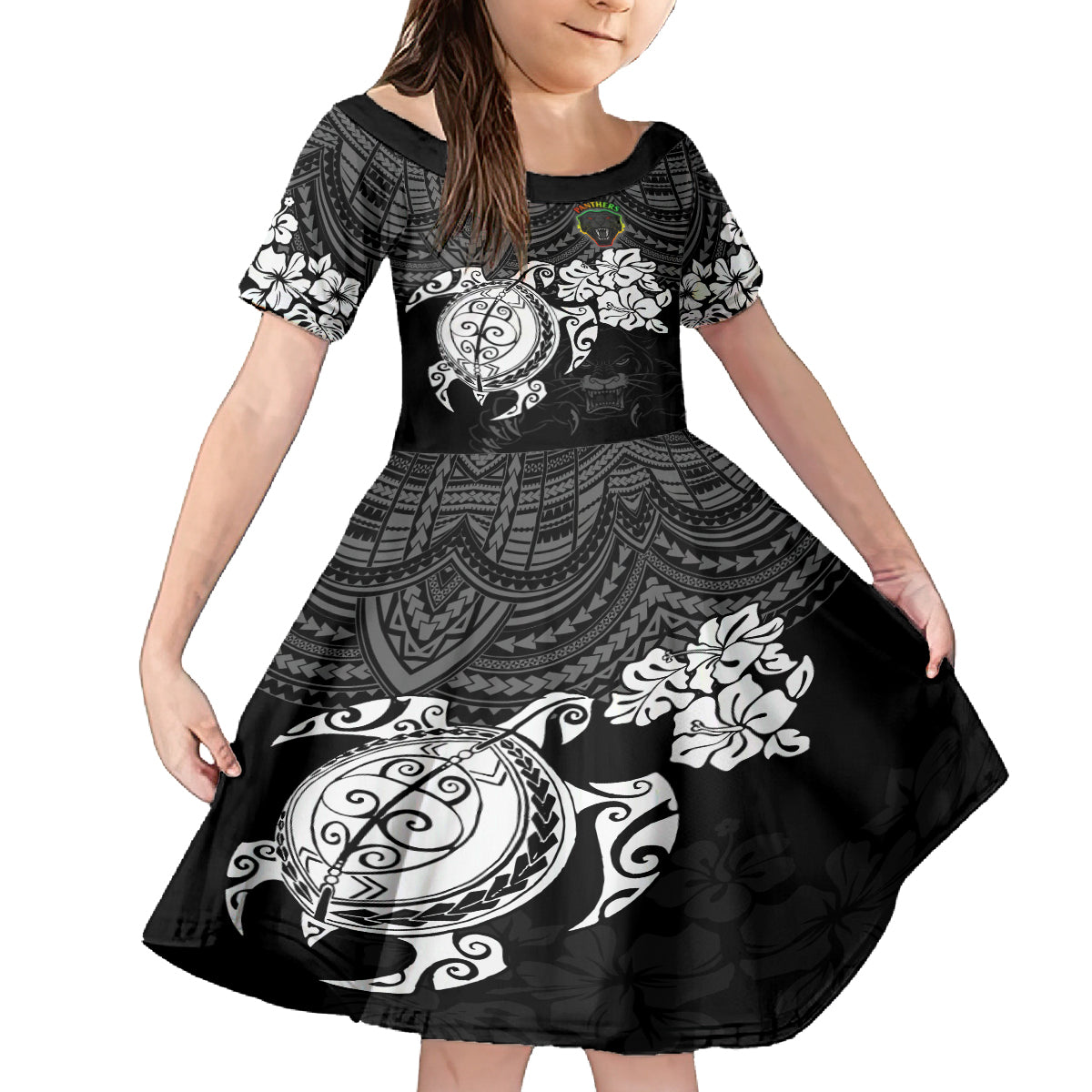 custom-panthers-rugby-family-matching-off-shoulder-maxi-dress-and-hawaiian-shirt-penrith-hibiscus-and-turtle-with-polynesian-pattern