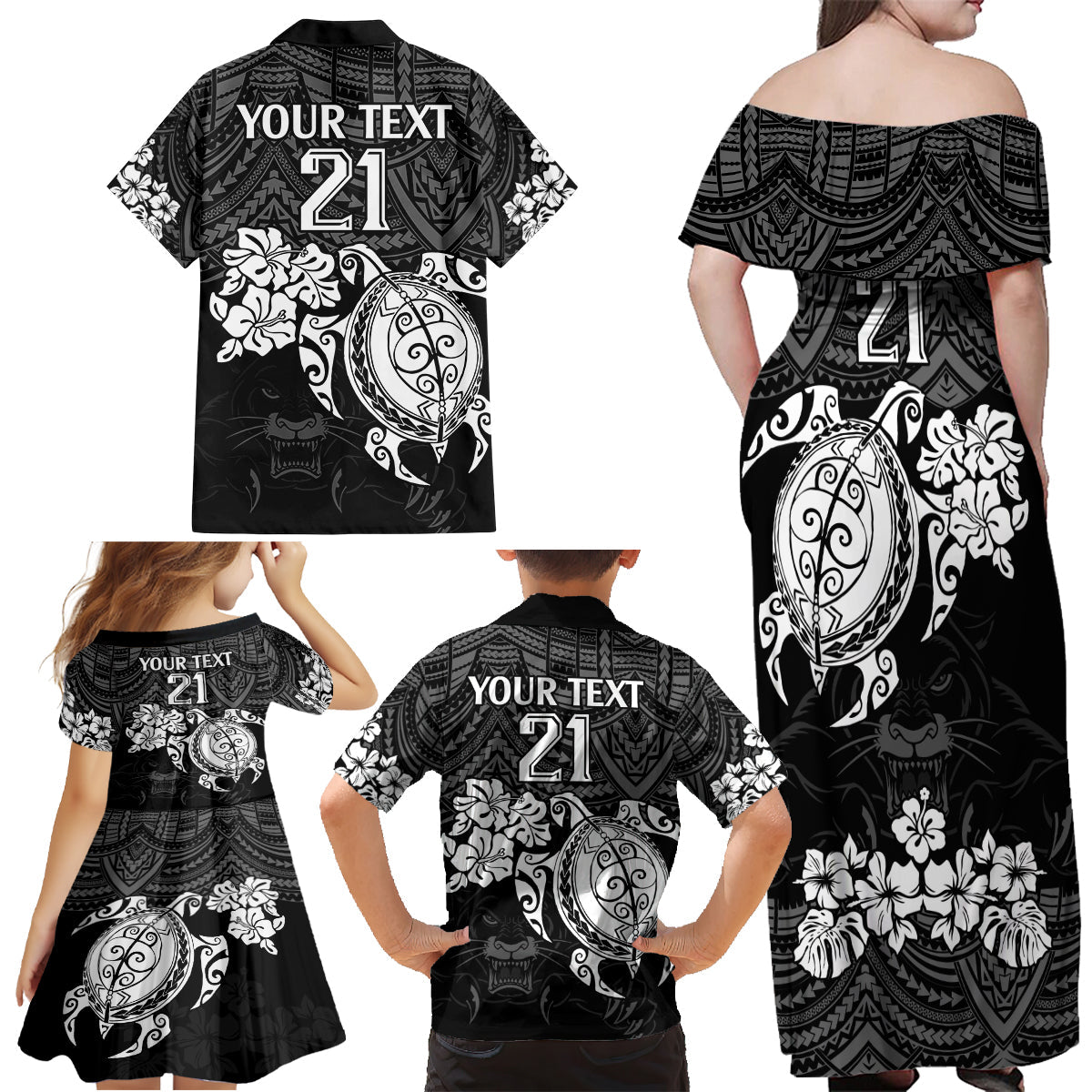 custom-panthers-rugby-family-matching-off-shoulder-maxi-dress-and-hawaiian-shirt-penrith-hibiscus-and-turtle-with-polynesian-pattern