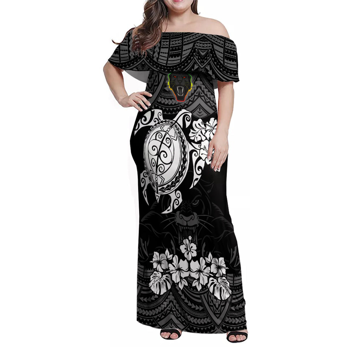 custom-panthers-rugby-family-matching-off-shoulder-maxi-dress-and-hawaiian-shirt-penrith-hibiscus-and-turtle-with-polynesian-pattern
