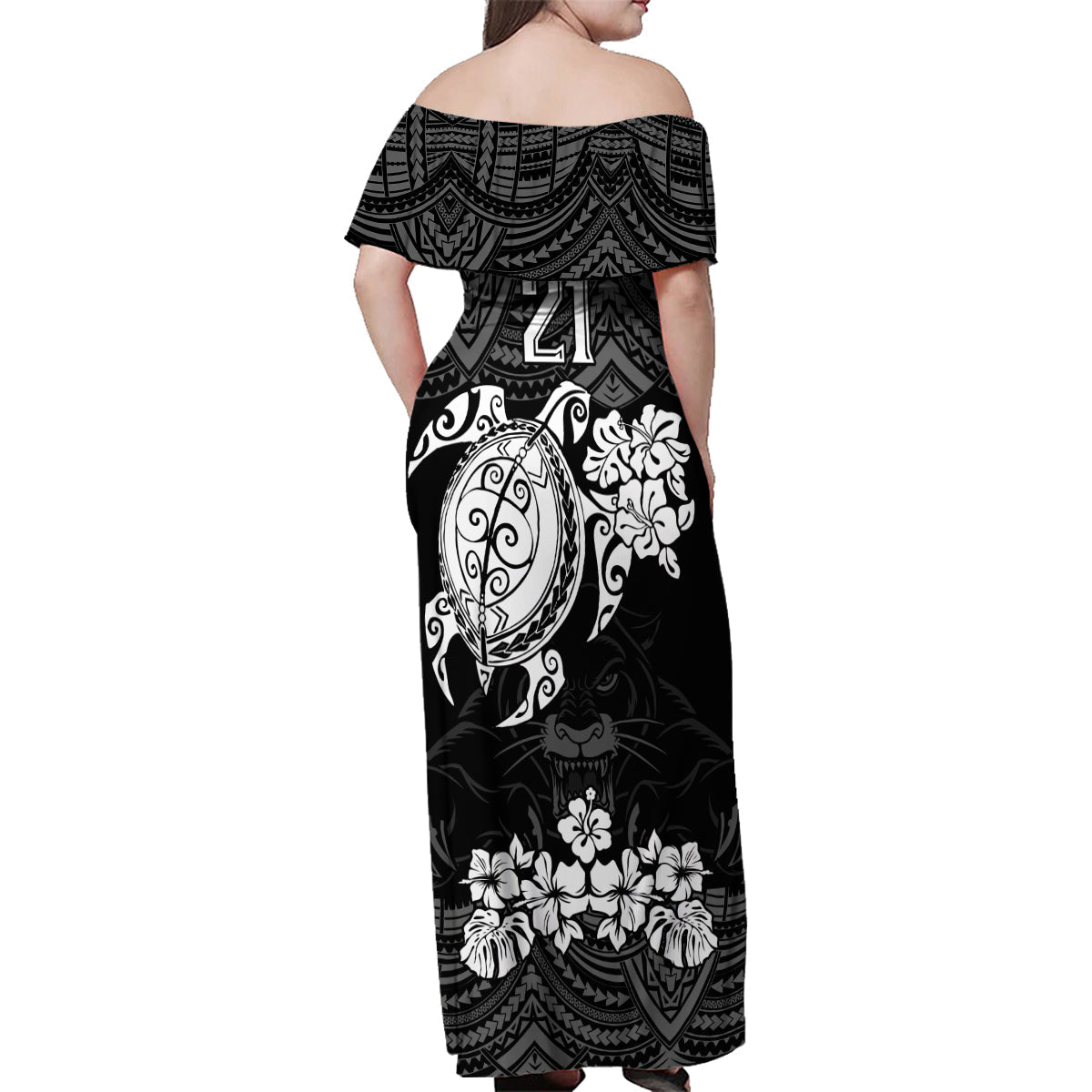 custom-panthers-rugby-family-matching-off-shoulder-maxi-dress-and-hawaiian-shirt-penrith-hibiscus-and-turtle-with-polynesian-pattern