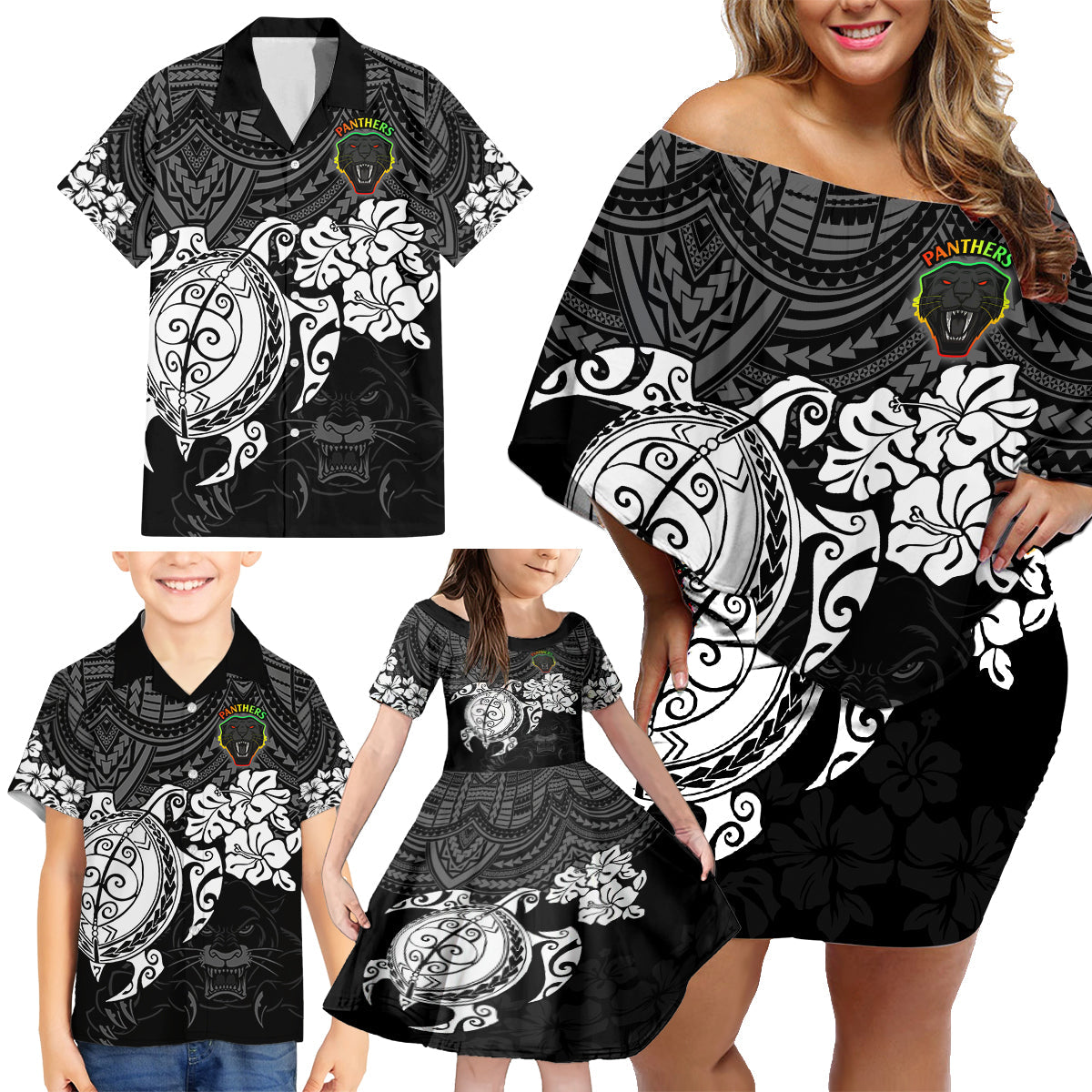 custom-panthers-rugby-family-matching-off-shoulder-short-dress-and-hawaiian-shirt-penrith-hibiscus-and-turtle-with-polynesian-pattern