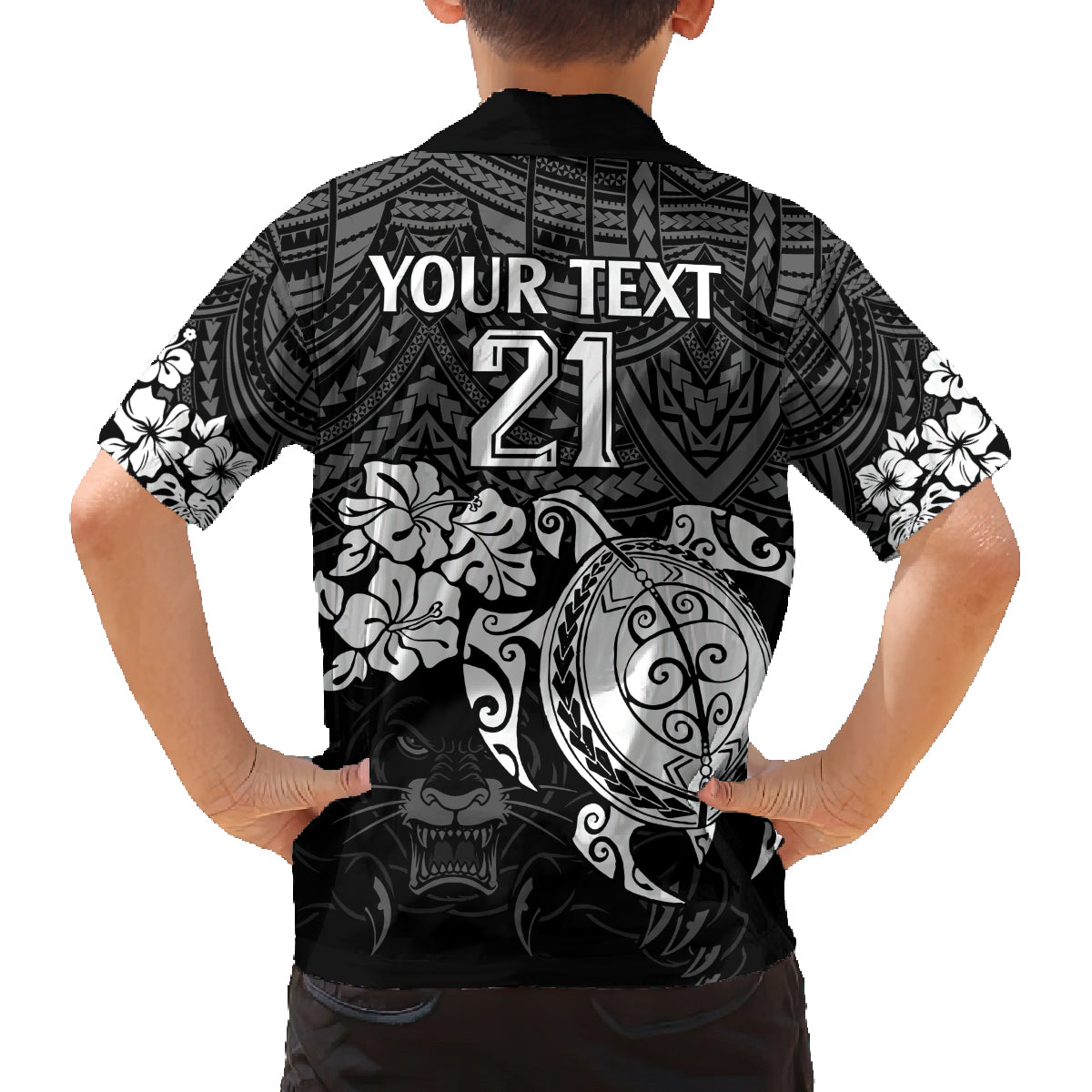 custom-panthers-rugby-family-matching-off-shoulder-short-dress-and-hawaiian-shirt-penrith-hibiscus-and-turtle-with-polynesian-pattern