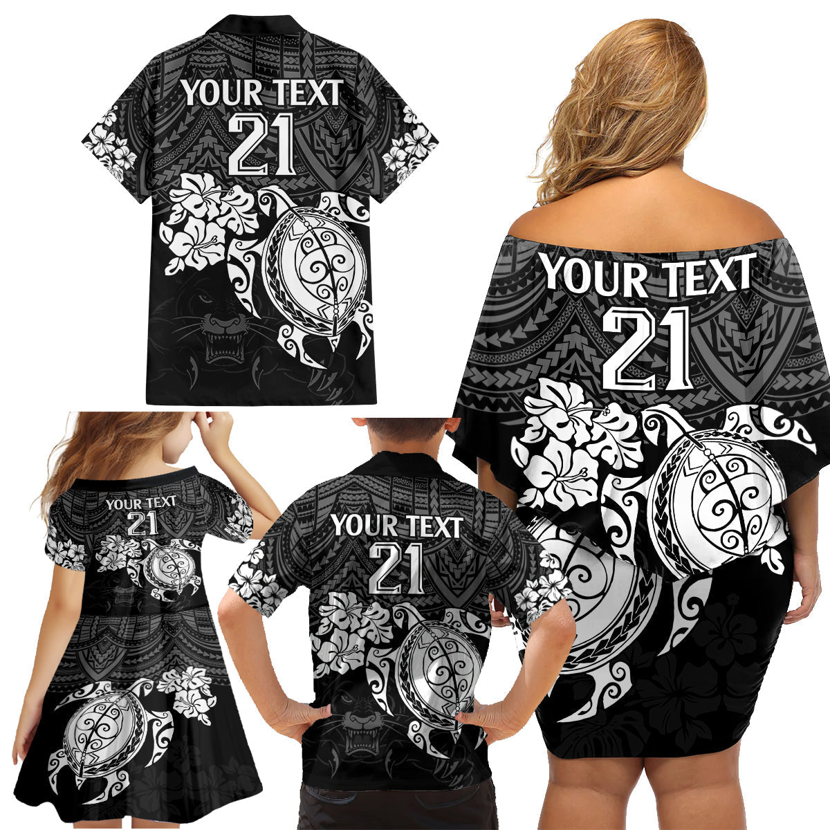 custom-panthers-rugby-family-matching-off-shoulder-short-dress-and-hawaiian-shirt-penrith-hibiscus-and-turtle-with-polynesian-pattern