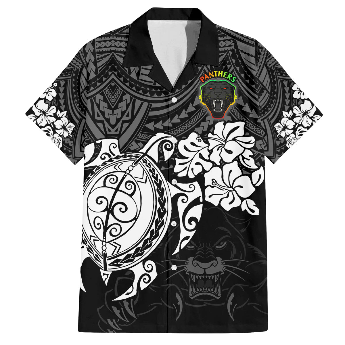 custom-panthers-rugby-family-matching-puletasi-dress-and-hawaiian-shirt-penrith-hibiscus-and-turtle-with-polynesian-pattern