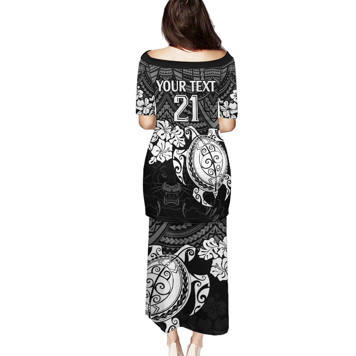 custom-panthers-rugby-family-matching-puletasi-dress-and-hawaiian-shirt-penrith-hibiscus-and-turtle-with-polynesian-pattern