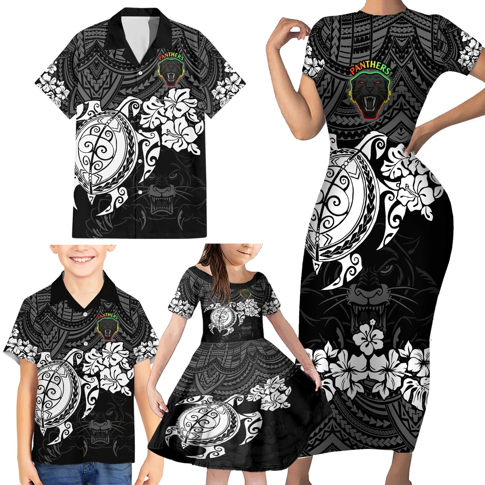 custom-panthers-rugby-family-matching-short-sleeve-bodycon-dress-and-hawaiian-shirt-penrith-hibiscus-and-turtle-with-polynesian-pattern