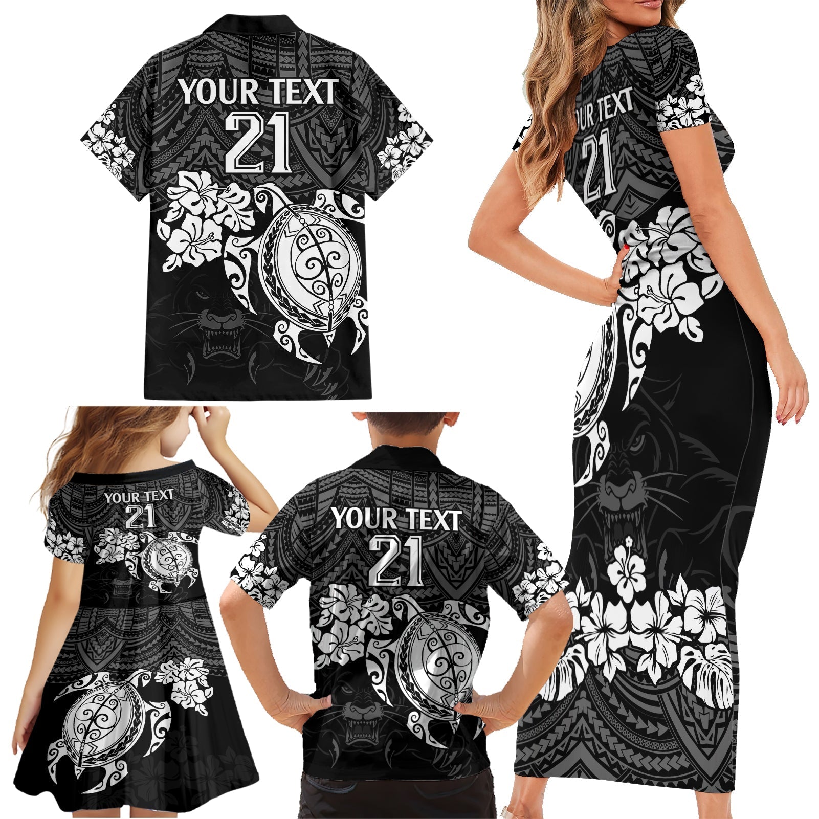 custom-panthers-rugby-family-matching-short-sleeve-bodycon-dress-and-hawaiian-shirt-penrith-hibiscus-and-turtle-with-polynesian-pattern