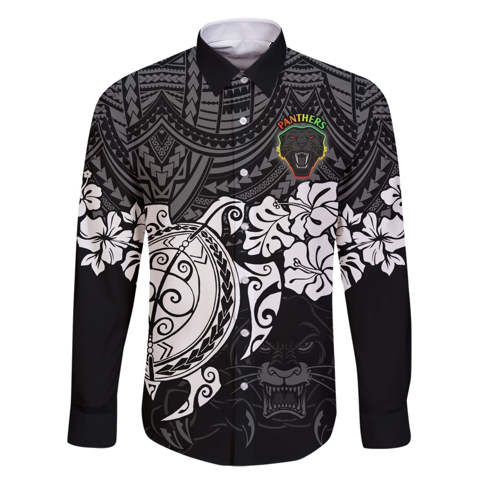 custom-panthers-rugby-family-matching-short-sleeve-bodycon-dress-and-hawaiian-shirt-penrith-hibiscus-and-turtle-with-polynesian-pattern