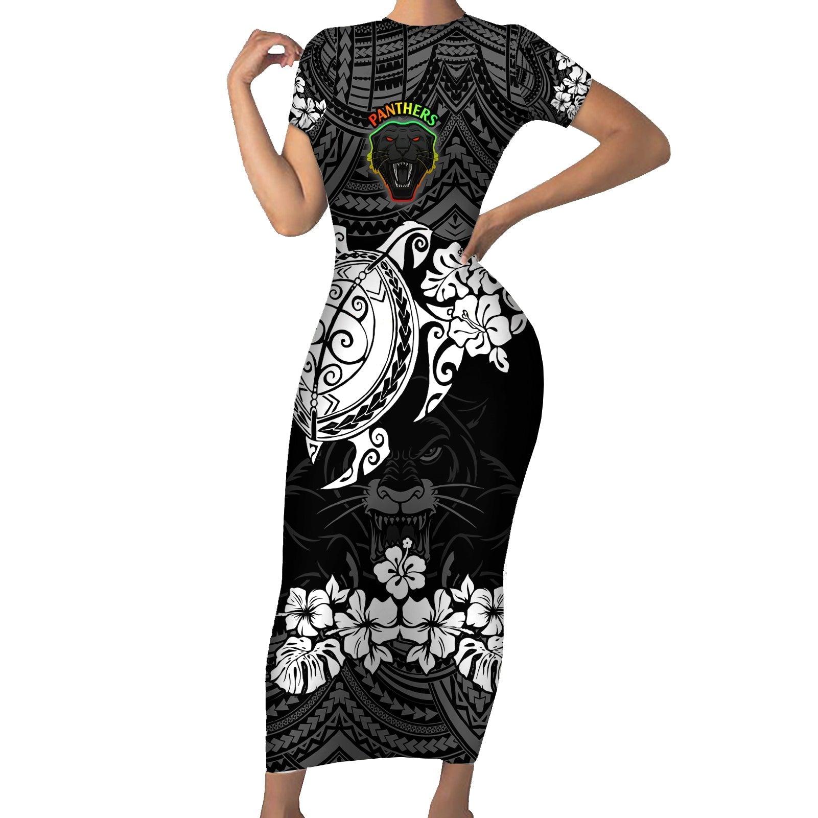 custom-panthers-rugby-family-matching-short-sleeve-bodycon-dress-and-hawaiian-shirt-penrith-hibiscus-and-turtle-with-polynesian-pattern