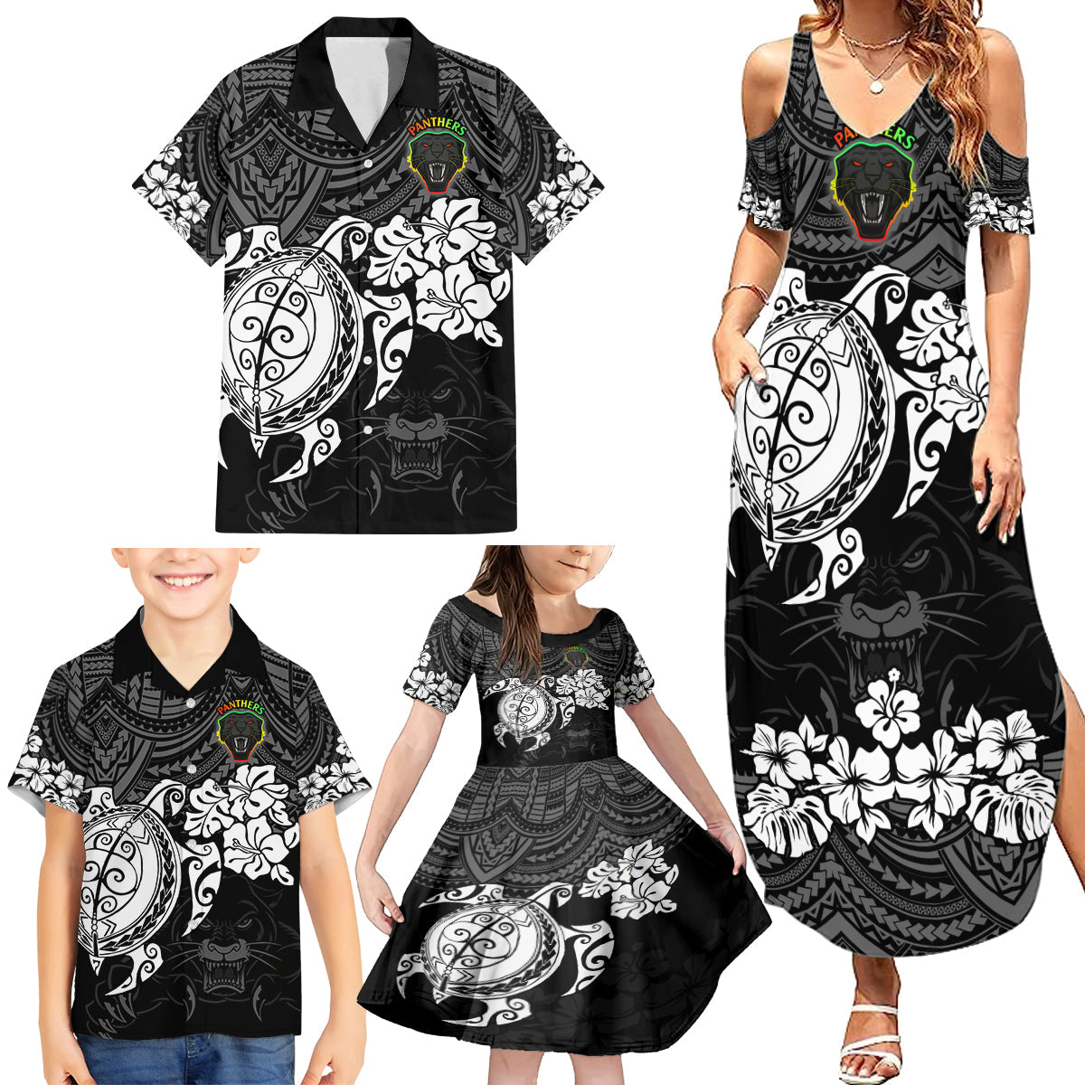 custom-panthers-rugby-family-matching-summer-maxi-dress-and-hawaiian-shirt-penrith-hibiscus-and-turtle-with-polynesian-pattern