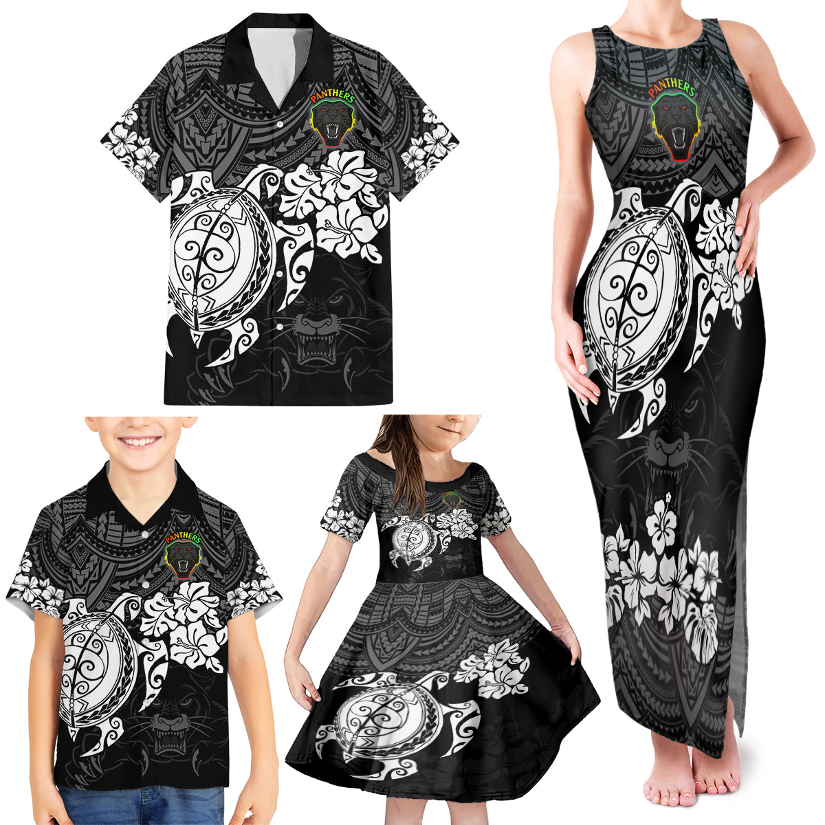custom-panthers-rugby-family-matching-tank-maxi-dress-and-hawaiian-shirt-penrith-hibiscus-and-turtle-with-polynesian-pattern