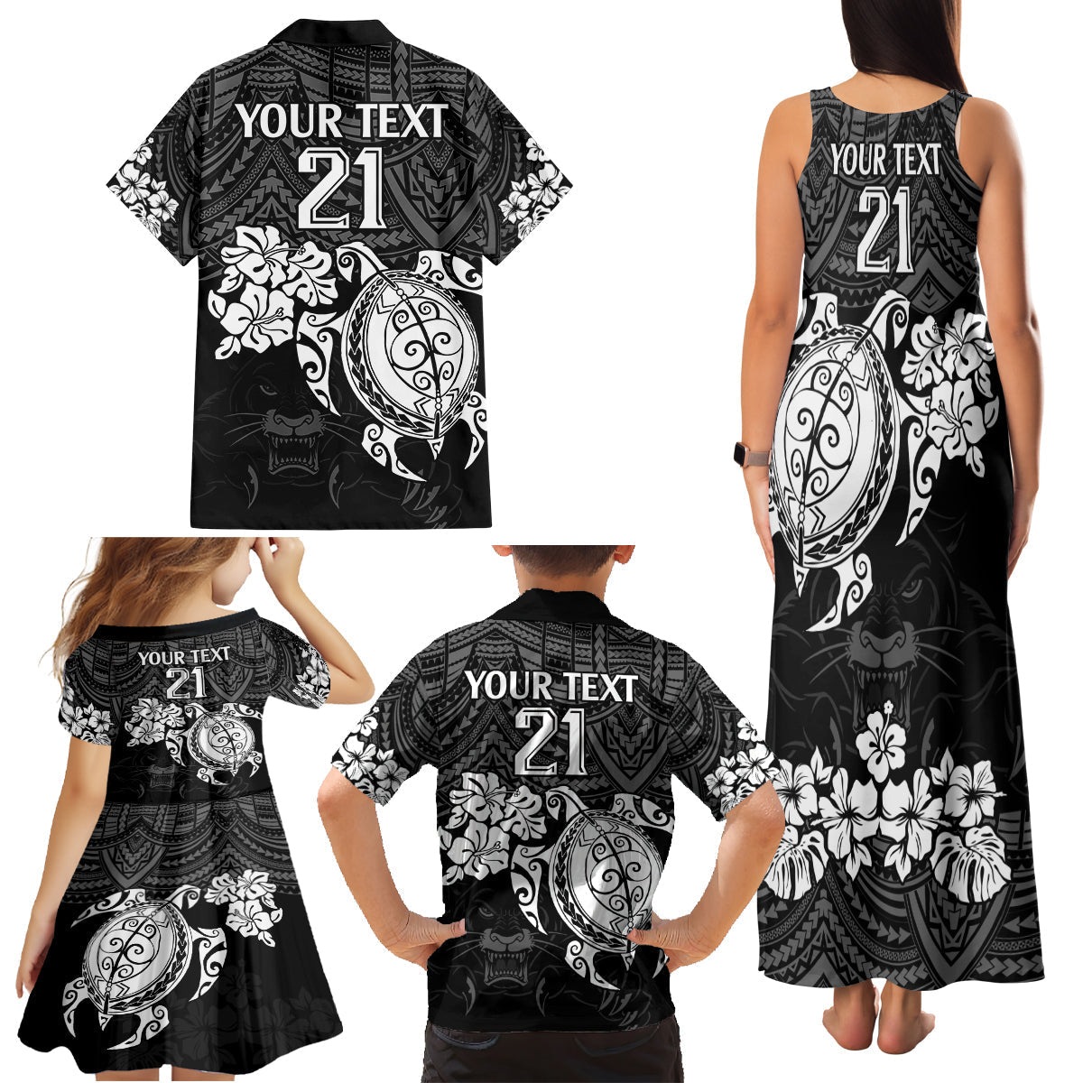 custom-panthers-rugby-family-matching-tank-maxi-dress-and-hawaiian-shirt-penrith-hibiscus-and-turtle-with-polynesian-pattern