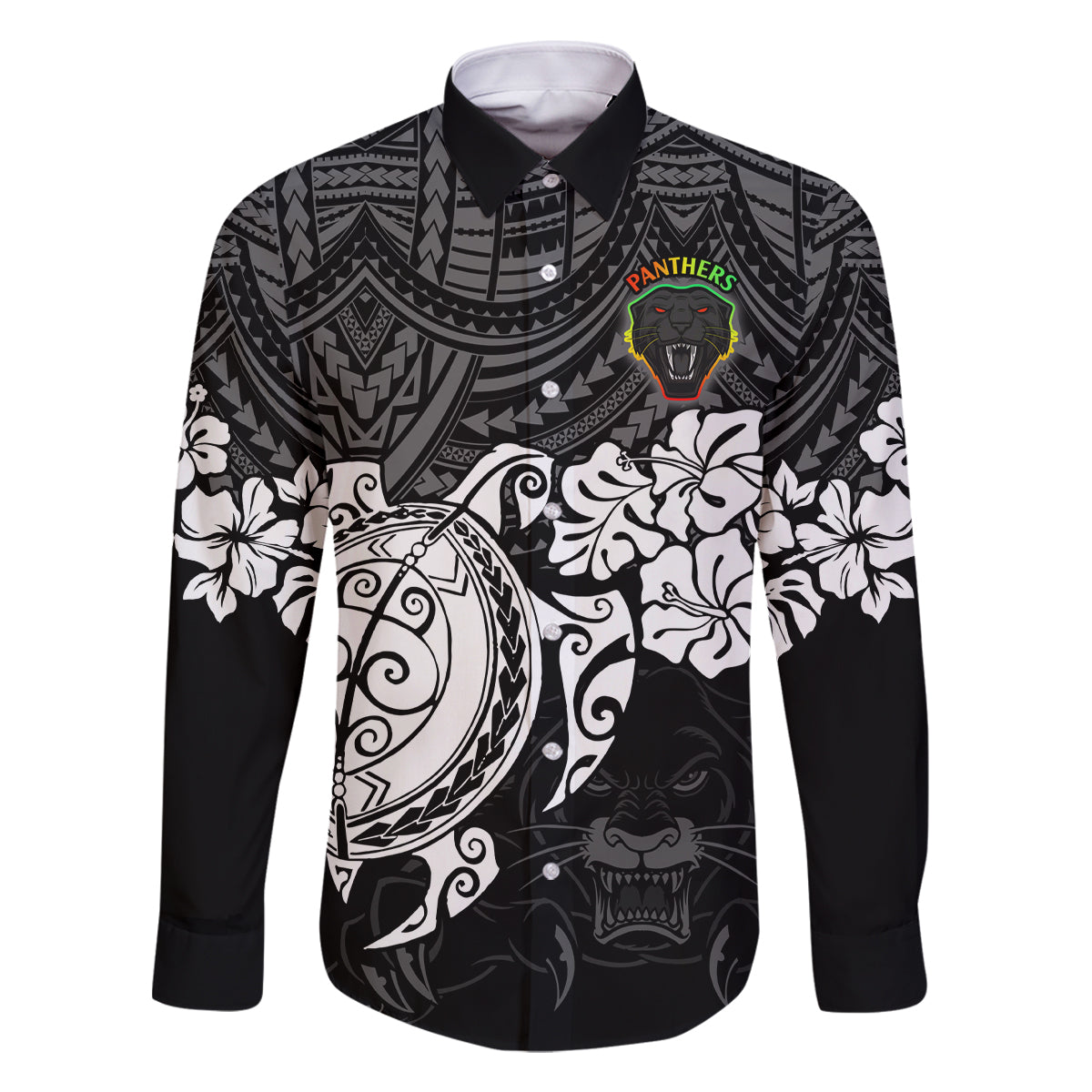 custom-panthers-rugby-family-matching-tank-maxi-dress-and-hawaiian-shirt-penrith-hibiscus-and-turtle-with-polynesian-pattern