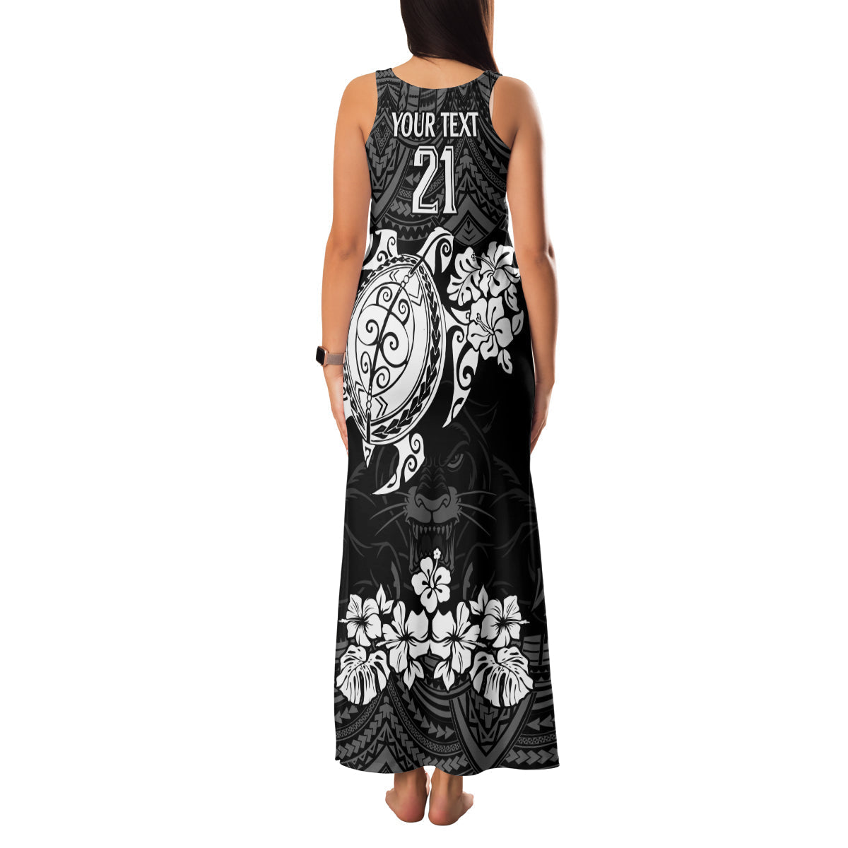 custom-panthers-rugby-family-matching-tank-maxi-dress-and-hawaiian-shirt-penrith-hibiscus-and-turtle-with-polynesian-pattern