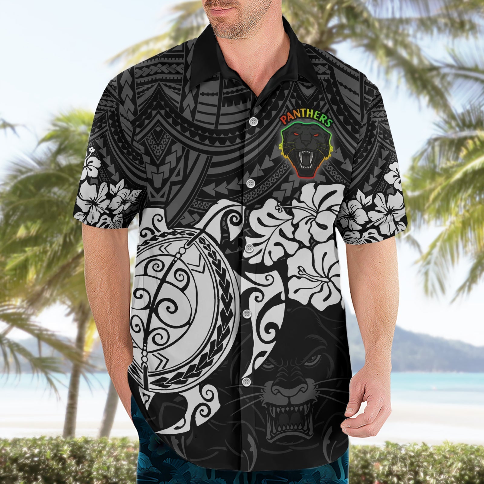 Custom Panthers Rugby Hawaiian Shirt Penrith Hibiscus and Turtle With Polynesian Pattern - Vibe Hoodie Shop