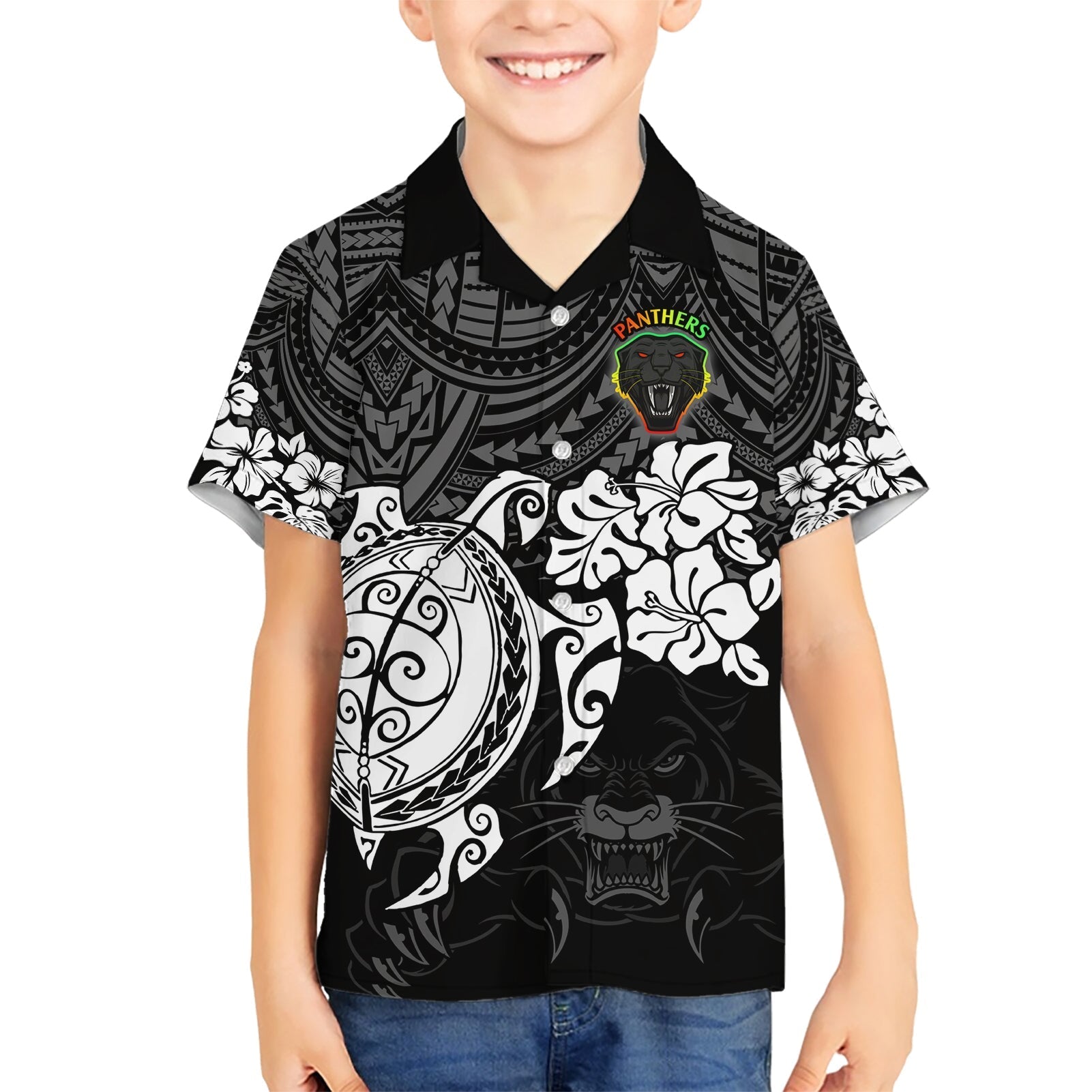 Custom Panthers Rugby Hawaiian Shirt Penrith Hibiscus and Turtle With Polynesian Pattern - Vibe Hoodie Shop