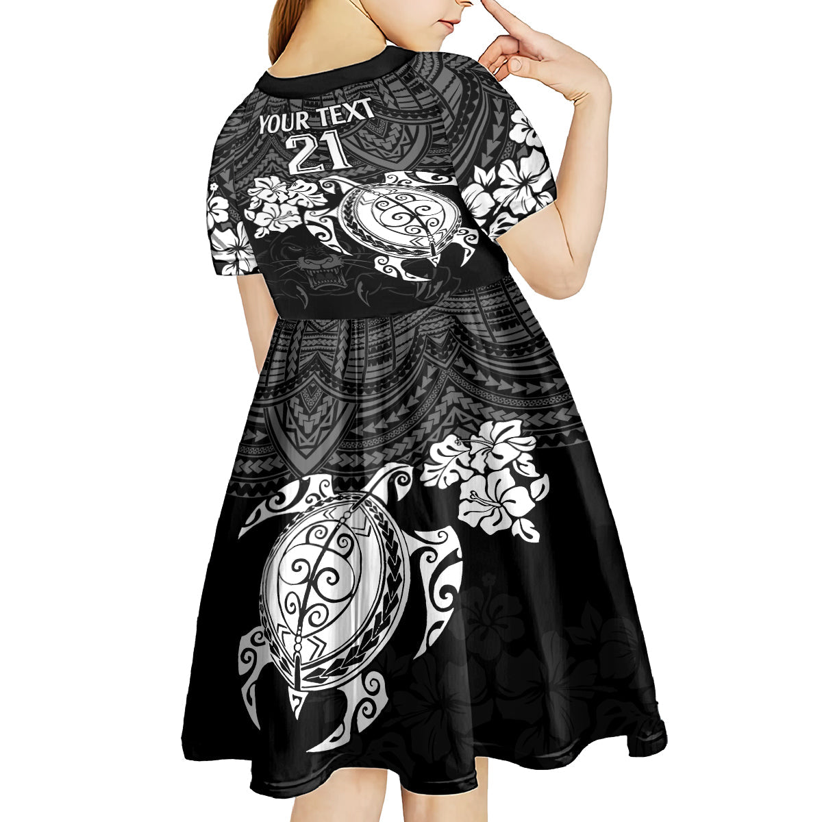 Custom Panthers Rugby Kid Short Sleeve Dress Penrith Hibiscus and Turtle With Polynesian Pattern - Vibe Hoodie Shop
