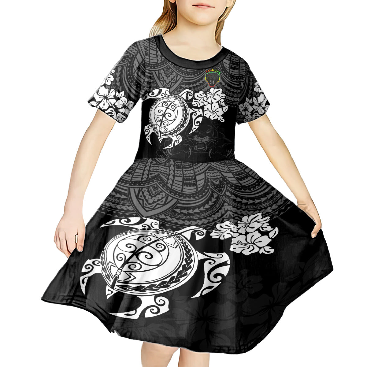 Custom Panthers Rugby Kid Short Sleeve Dress Penrith Hibiscus and Turtle With Polynesian Pattern - Vibe Hoodie Shop