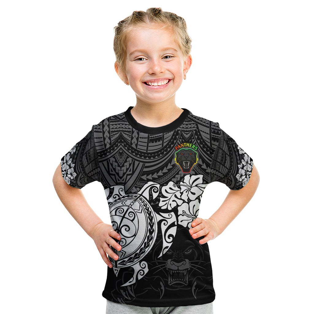 Custom Panthers Rugby Kid T Shirt Penrith Hibiscus and Turtle With Polynesian Pattern - Vibe Hoodie Shop